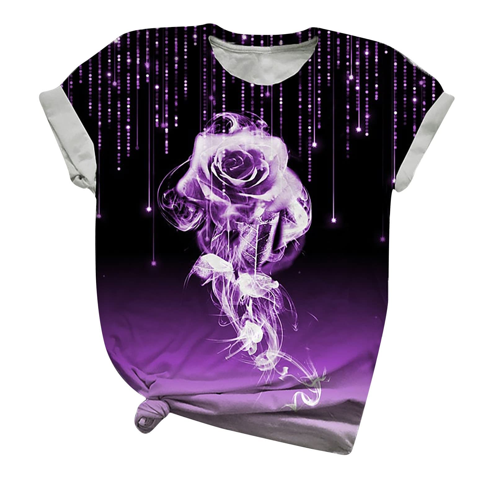 Women's Rose Print T-Shirt - Summer Short Sleeve Casual Loose Top with Gradient Rose Graphic | Perfect for Beach Outings, Date Nights & Summer Fashion