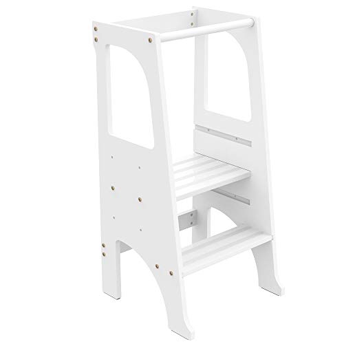 **Safe & Adjustable Wooden Learning Tower for Toddlers - Kids Kitchen Step Stool with Safety Rail, 3 Height Levels, Non-Slip Steps, Sturdy Design (Grey) - Perfect for Cooking, Baking & Learning Independence**
