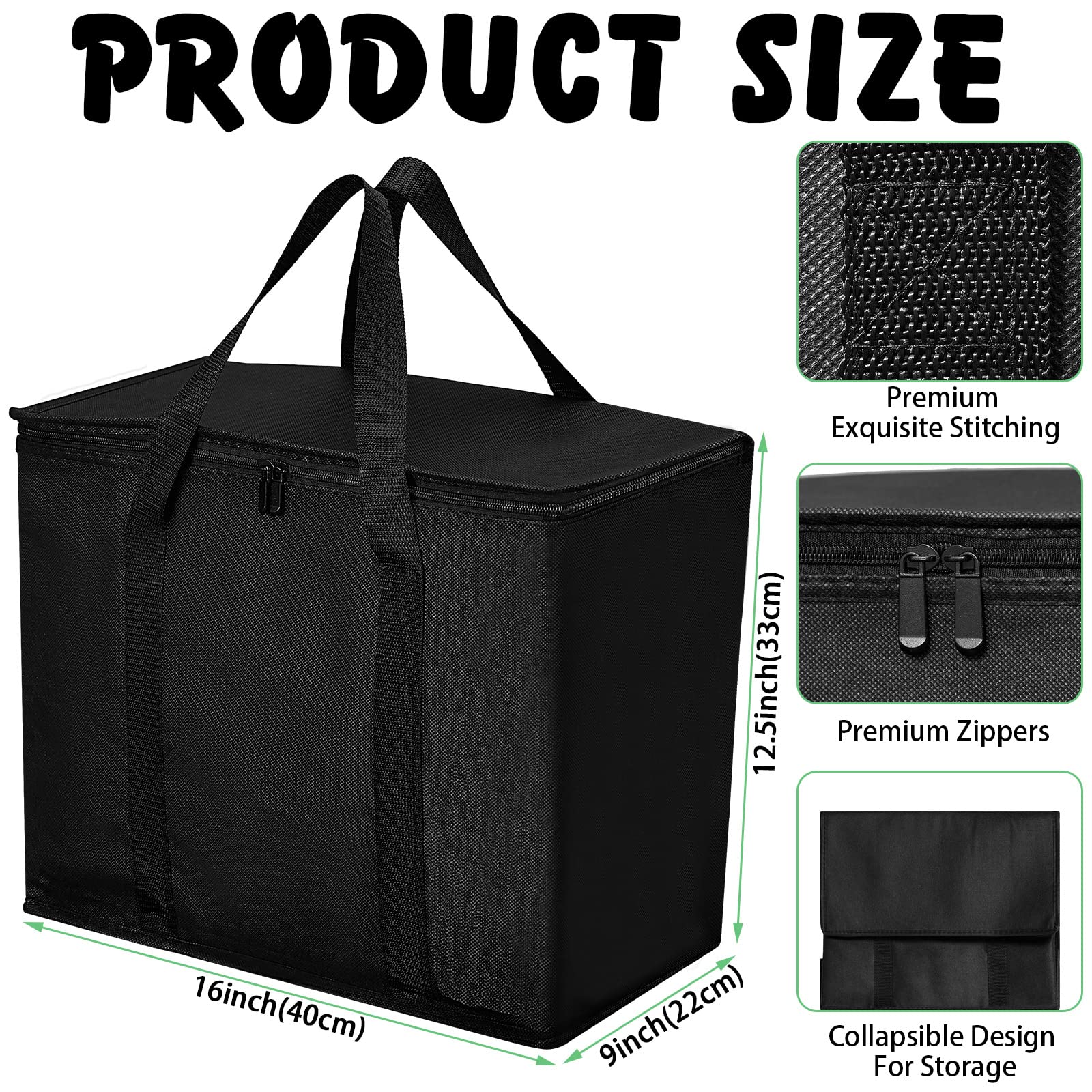Honeydak 10 Pack Insulated Reusable Grocery Bags with Zipper & Handles - 40 x 22 x 33 cm Thermal Shopping Bags for Groceries, Food Delivery, Picnics & Camping