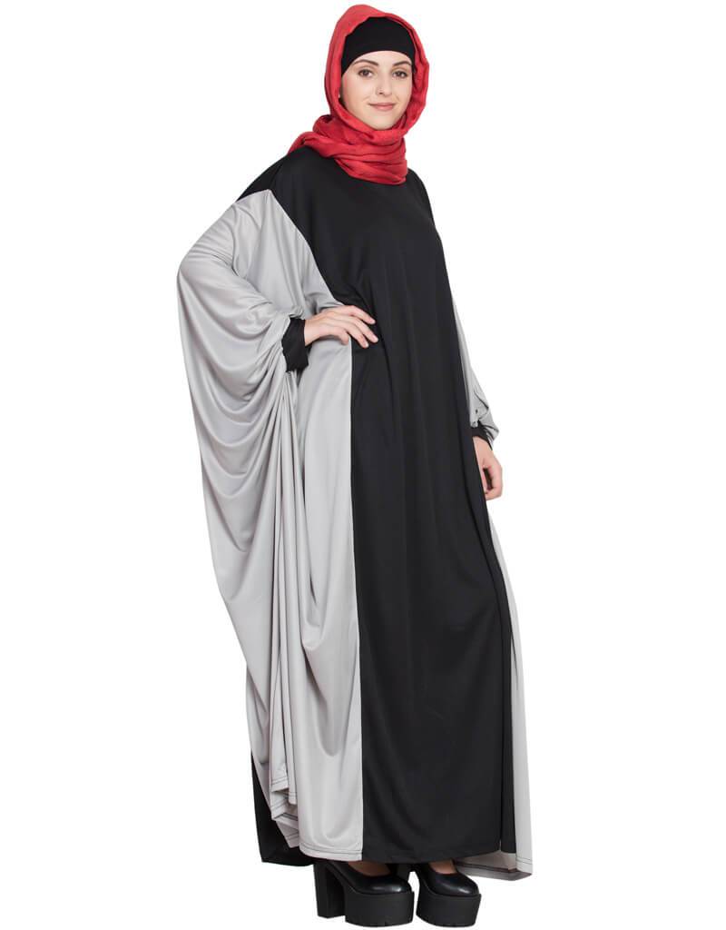 Elegant Arabic Kaftan Style Contrast Black Grey Iranian Abaya Dress - Perfect for Eid, Ramadan & Special Occasions