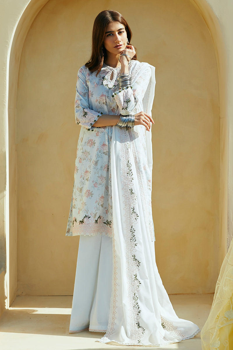 Floral Marine Stitch 3-Piece Lawn Embroidered Suit Set for Women - Elegant Summer Outfits for Beach Weddings, Garden Parties & Special Occasions