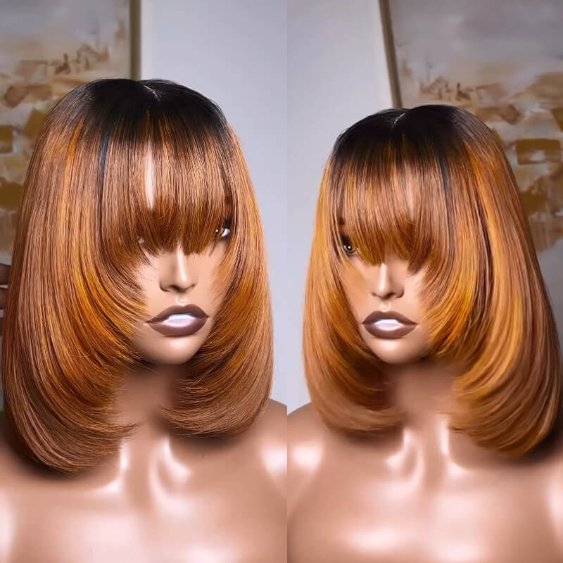 Eullair Short Bob Wig with Layered Cut Bangs - Glueless Straight Human Hair Lace Closure Wig (4x4 & 5x5) - Perfect for Cosplay, Daily Wear & Fashion Styling
