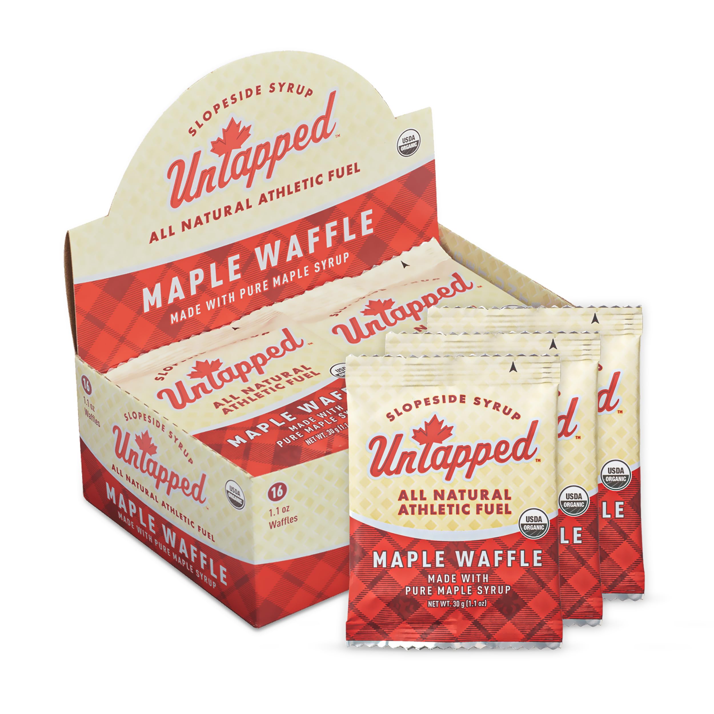 Organic Maple Waffles 1.1 oz Each (16-Pack) - Vegan Endurance Sports Snacks Sweetened with Real Maple Syrup | Energy Boost for Cycling, Running & Hiking | Gluten-Free Athletic Performance Food