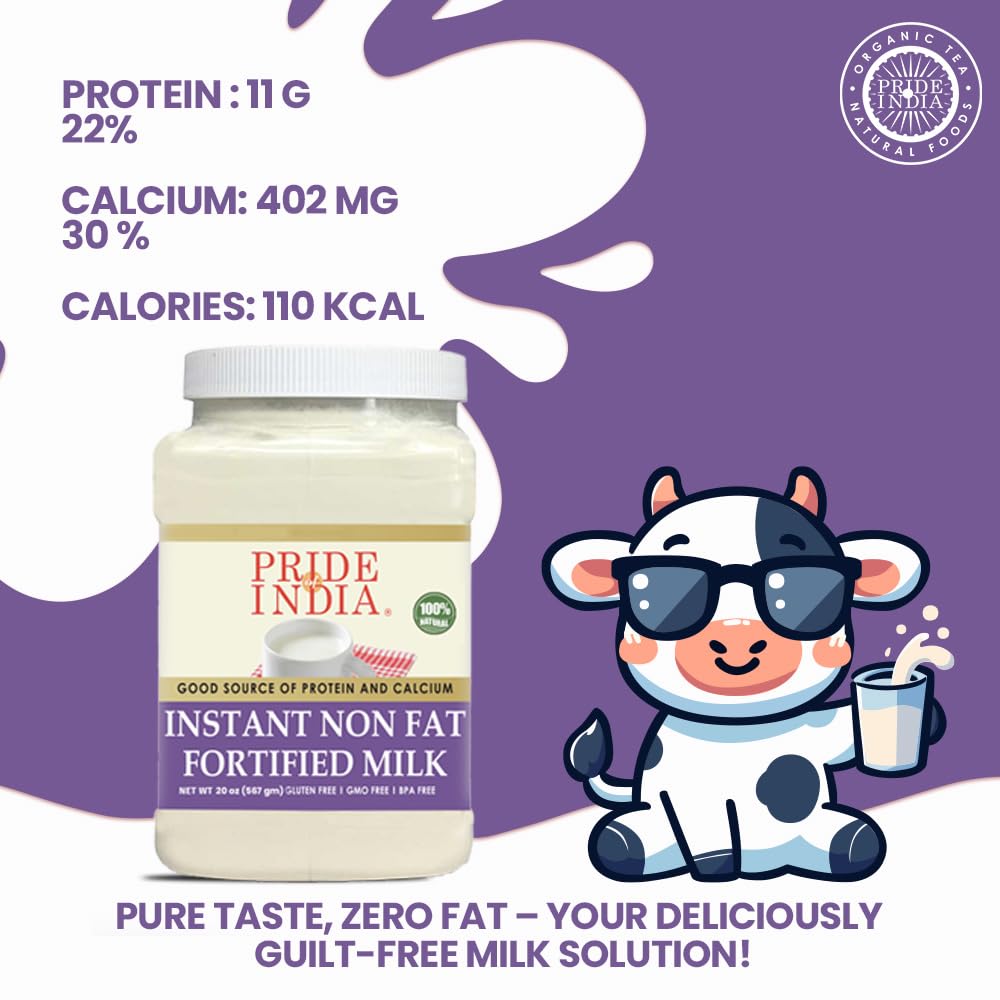 Pride of India Instant Fortified Nonfat Dry Milk Powder - Enriched with Vitamin D, Protein & Calcium - 1.25 lbs (20 oz) - Perfect for Baking, Cooking, and Healthy Beverages