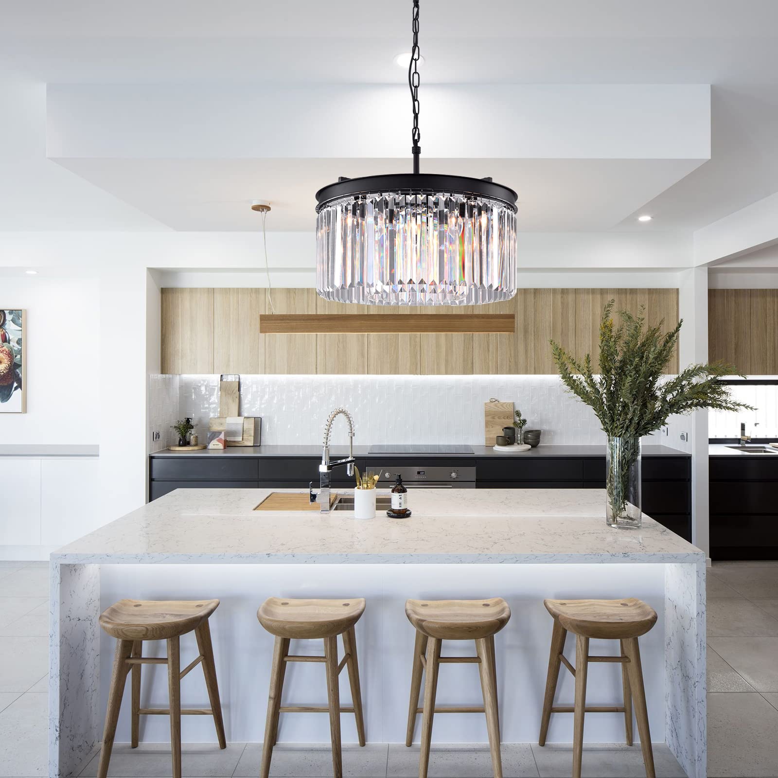 Modern Crystal Chandelier 5-Light Adjustable Hanging Pendant - 2-Tier Contemporary Ceiling Light Fixture with E12 Base for Dining Room, Living Room, Bedroom & Girls Room - Elegant Black Chandelier for Home Decor & Wedding Venue Lighting