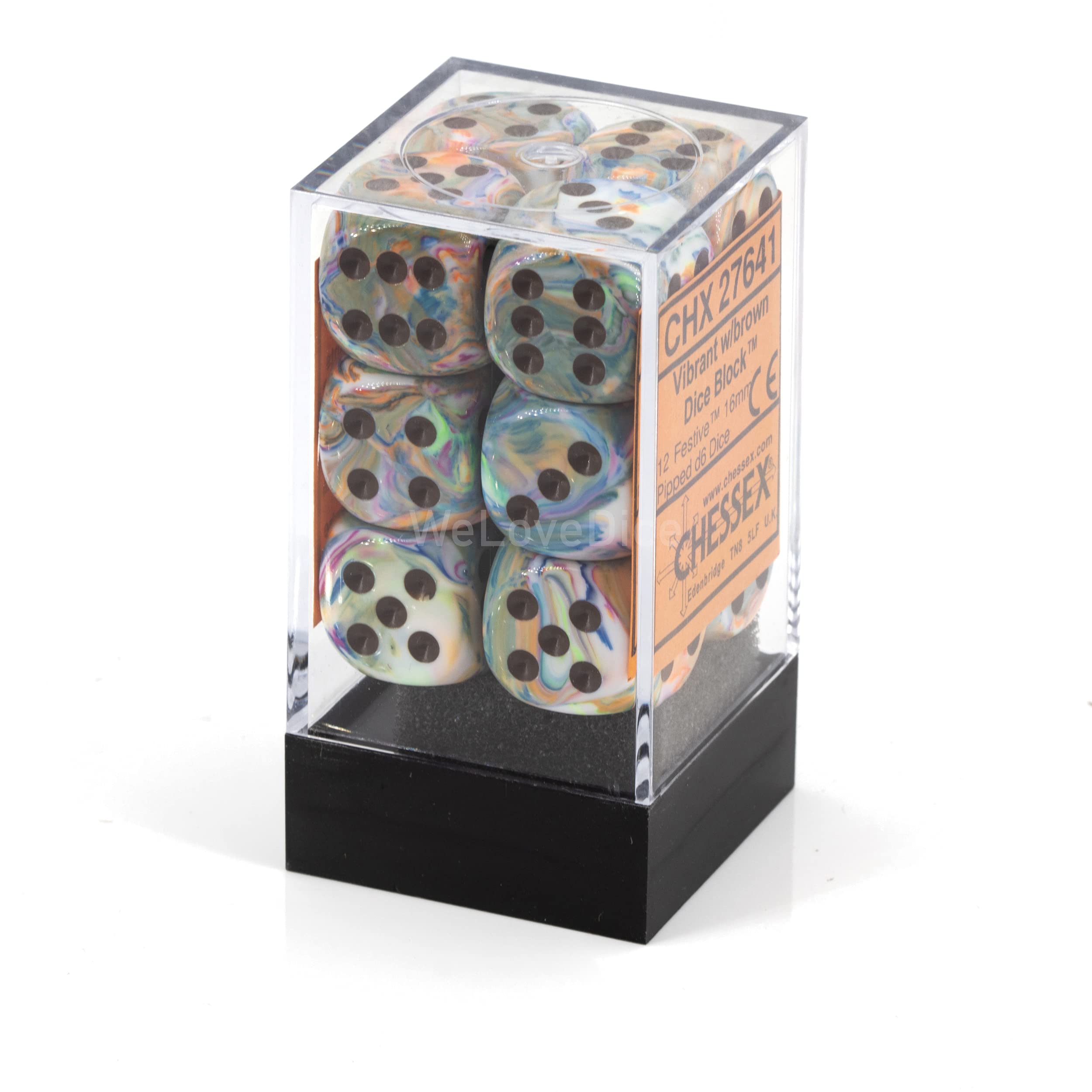 Festive Vibrant Swirl Chessex Dice d6 Sets with Brown Pips - 12mm Six Sided Gaming Dice (36-Piece Block) for D&D, RPGs, Board Games & Tabletop Adventures