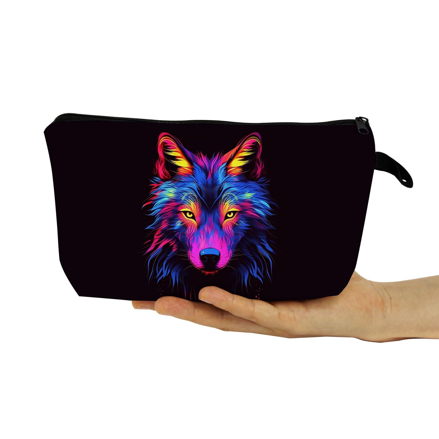 Neon Wolf Print Makeup Bag - Cute Small Cosmetic Organizer with Zipper - Perfect Birthday Gift for Wolf Lovers & Women Friends - Great for Travel, Gym & Daily Essentials Storage