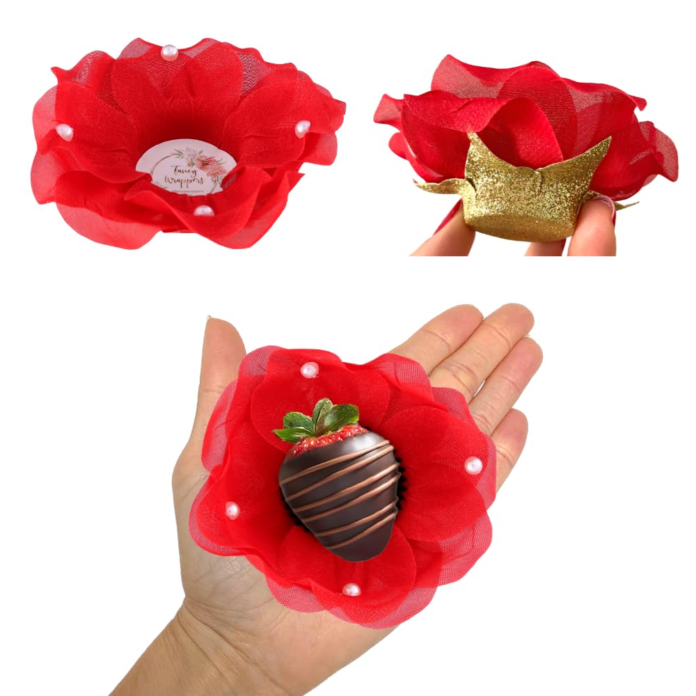 24 Elegant Fabric Flower Truffle Wrappers with Pearl Accents | Mini Cupcake Liners for Wedding Favors | Chocolate Covered Strawberry Supplies | Strawberry Shaped Liners for Desserts | Brigadeiro Molds | Perfect for Weddings, Baby Showers & Party Decorations