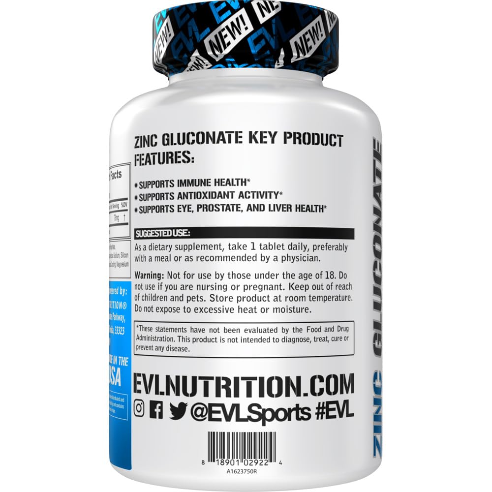 EVLution Nutrition Zinc Gluconate 60 Tablets - Immune Support & Wellness Supplement for Men & Women - Perfect for Daily Health, Gym Recovery & Immune Boosting
