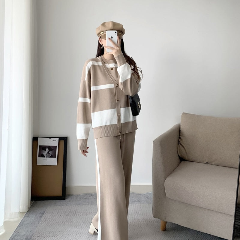 Women's Autumn Winter Streetwear 3-Piece Set - Korean Style O-Neck Sleeveless Vest + Cardigan Coat + Wide Leg Pants Striped Knit Outfit | Casual Office Wear & Daily Fashion