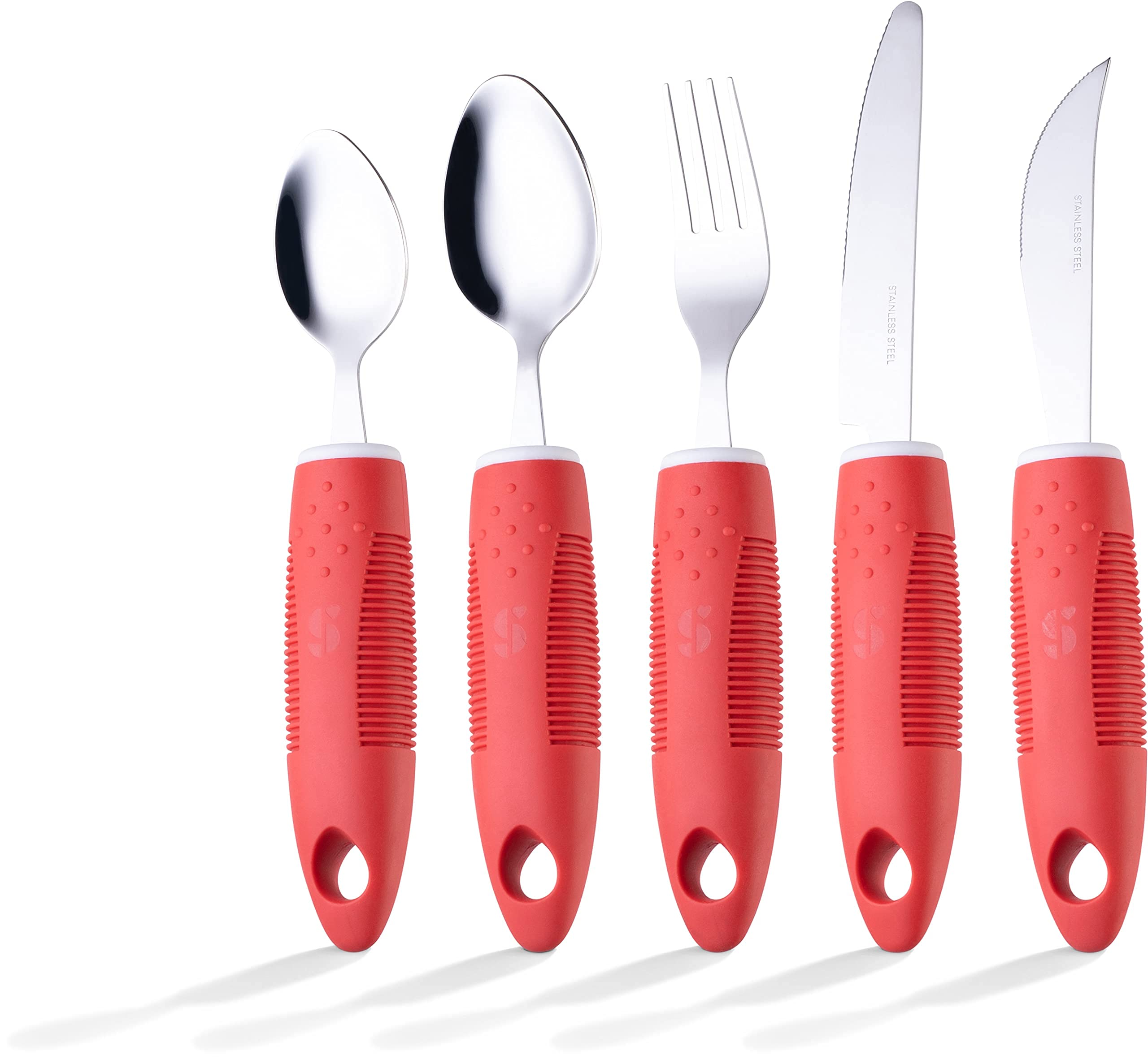 Adaptive Utensils for Hand Tremors & Arthritis - 5-Piece Non-Slip Kitchen Set with Wide Handles for Parkinson’s & Elderly Care (Red) - Perfect for Daily Meals & Assisted Living