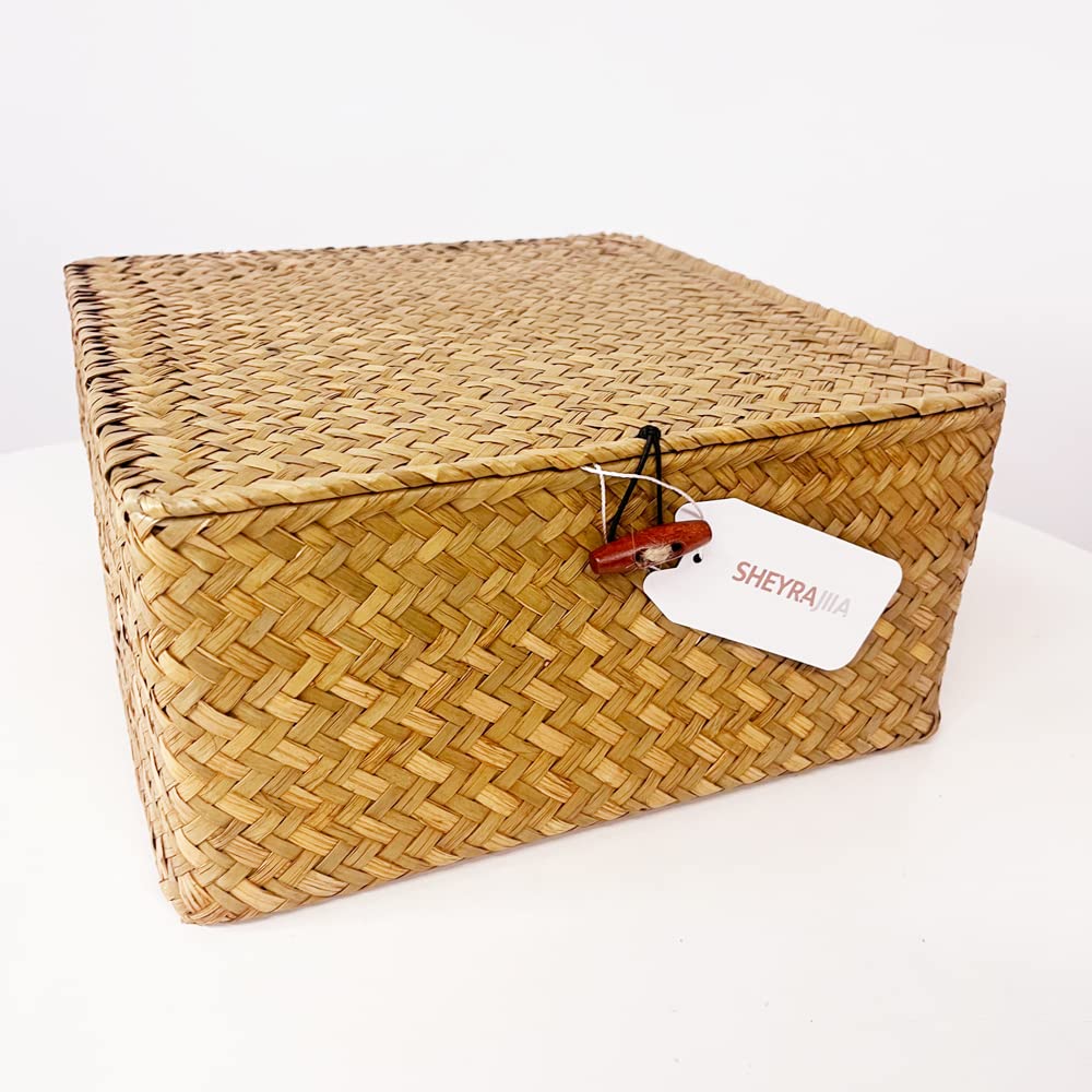 3 Pack Seagrass Storage Baskets with Lids - Natural Woven Rattan Organizing Bins for Shelves, Clothes & Hobby Supplies | Home Organization, Bedroom Closet & Living Room Decor