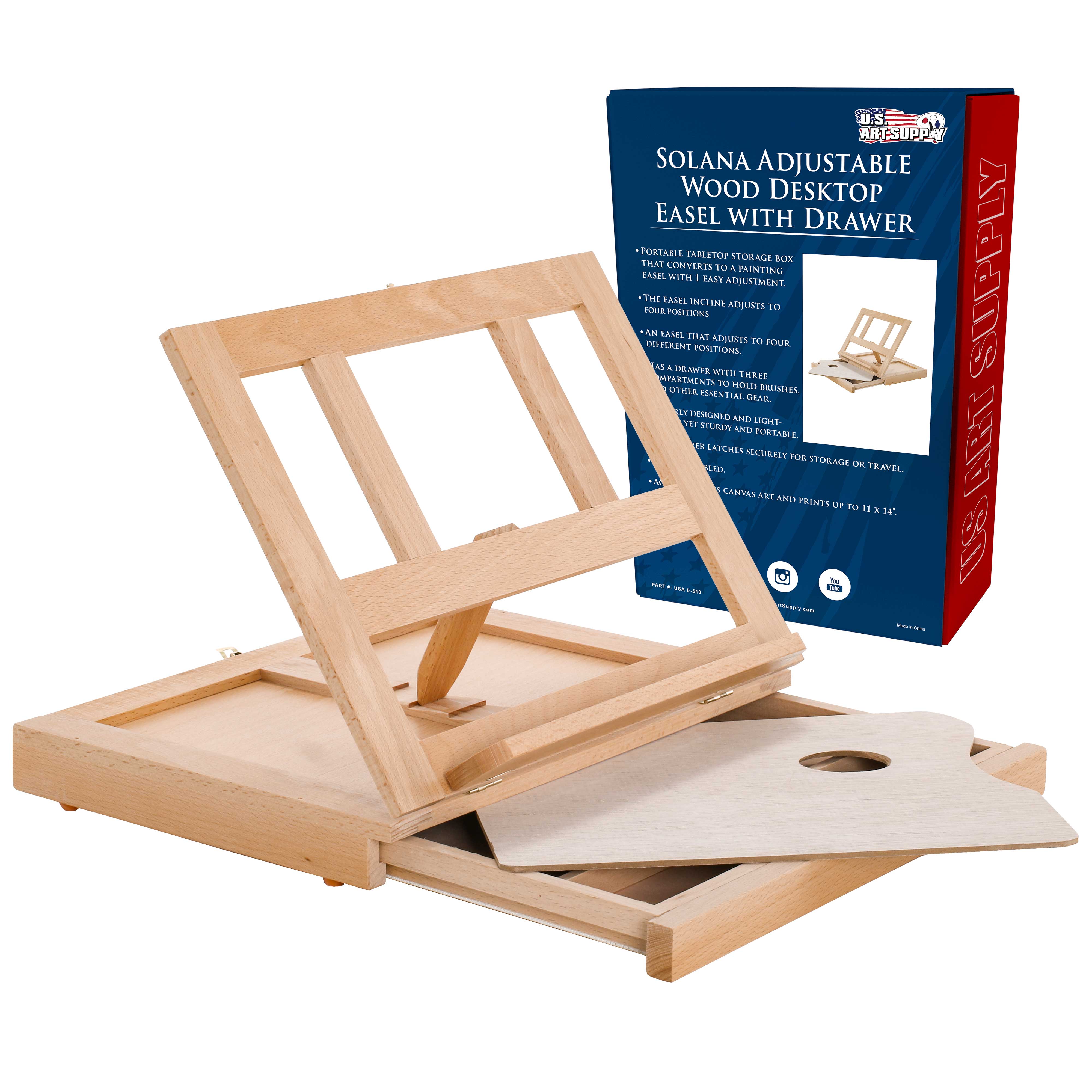 Solana Adjustable Wood Art Easel - Portable Beechwood Tabletop Easel with Storage Drawer & Palette for Painting & Drawing - Perfect for Artists, Students & Hobbyists at Home, Studio or Classroom