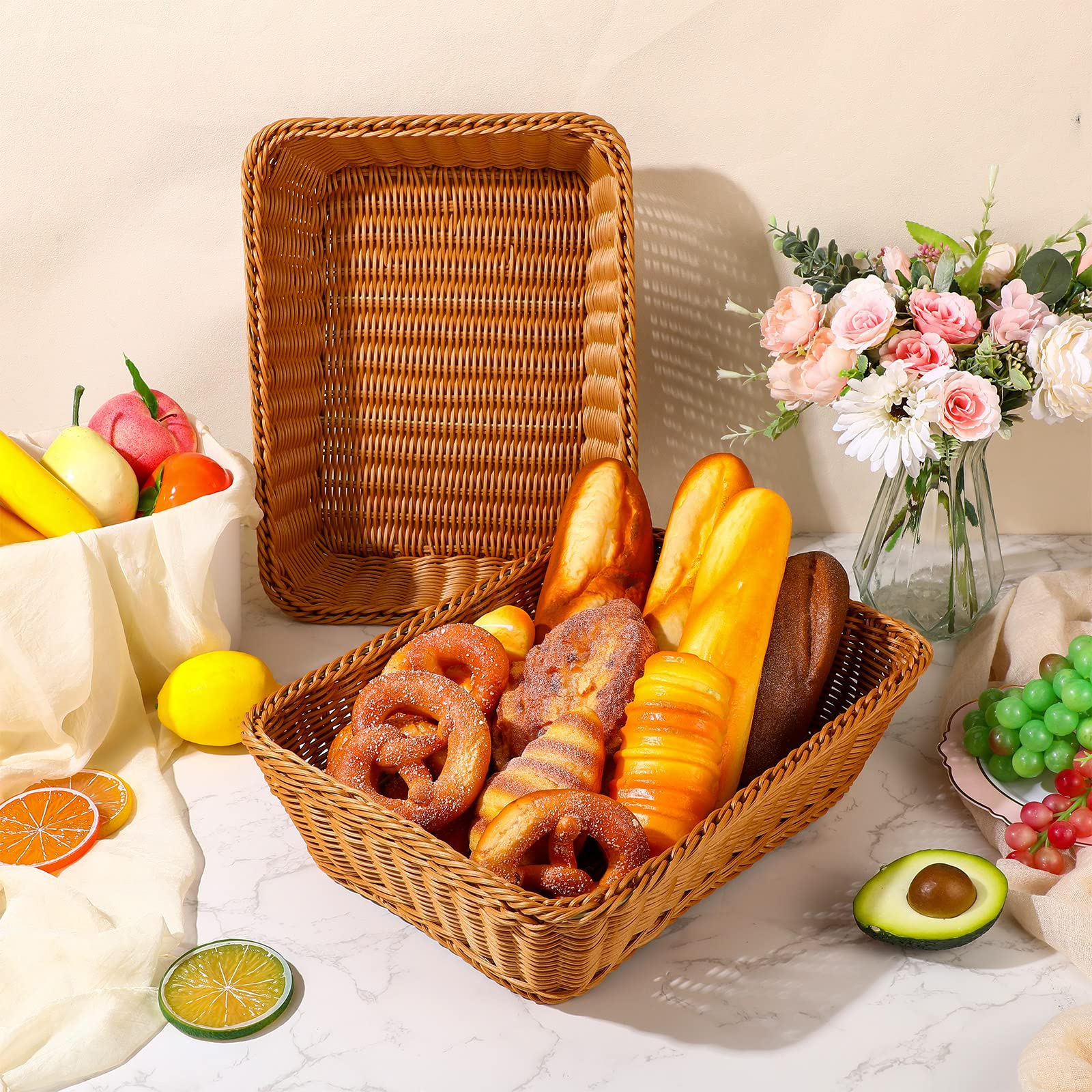 6-Piece 17.7-Inch Poly Wicker Bread Baskets - Rustic Woven Rattan Fruit & Vegetable Serving Baskets for Kitchen, Restaurant, Dining Table Display - Perfect for Bread Storage, Fruit Bowls, and Farmhouse Decor