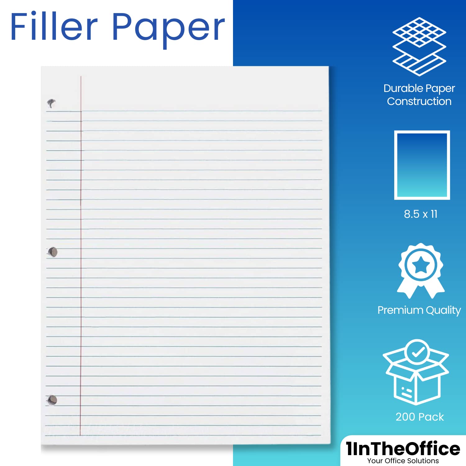 1InTheOffice Loose Leaf Paper College Ruled - 200 Sheets Letter Size, 3 Hole Punched for 3 Ring Binder, Lined Filler Paper for School, Office & Note Taking - Perfect for Students, Teachers & Professionals