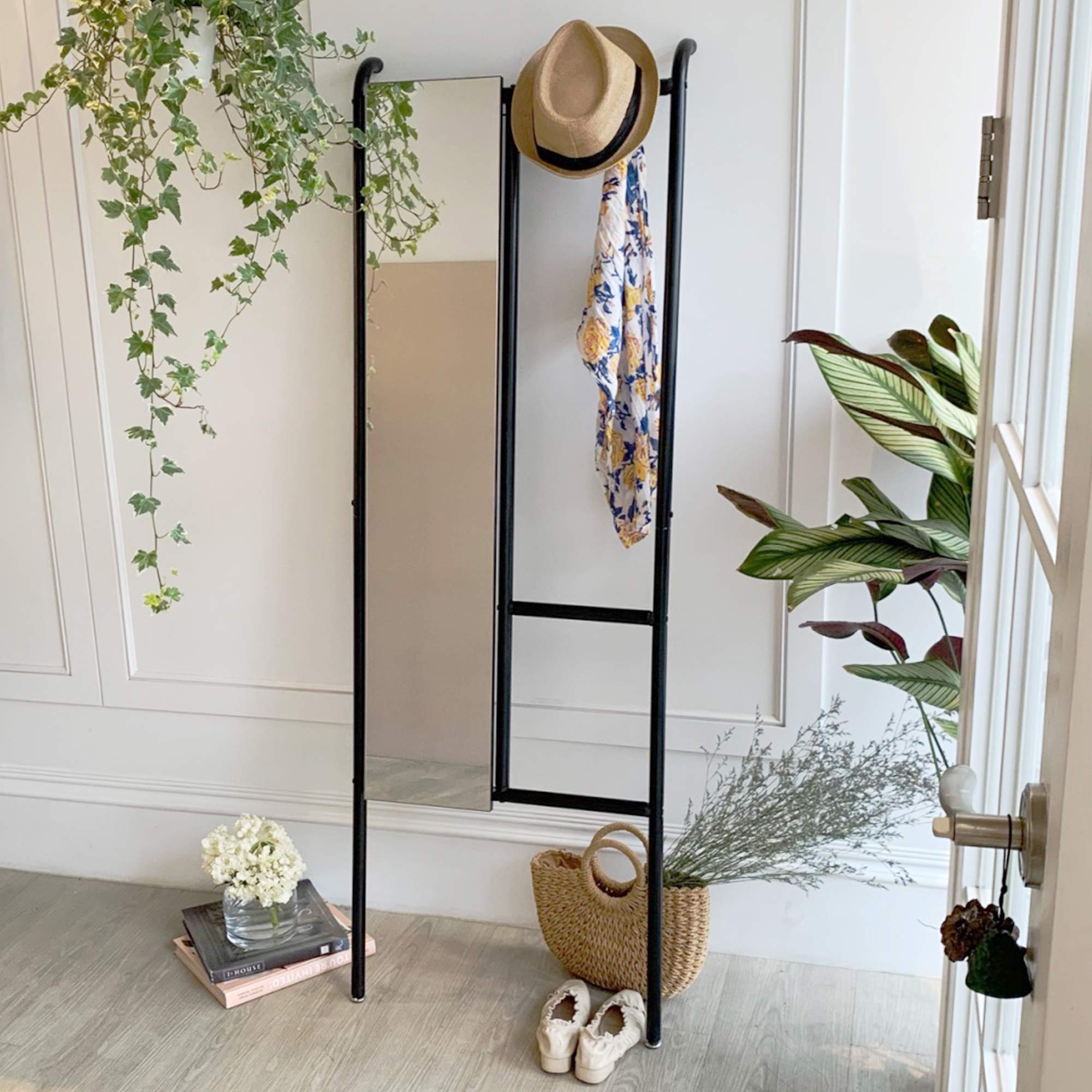 Full Length Mirror with Clothes Hooks & Racks - Black Floor Leaning Mirror for Bedroom, Entryway & Vanity - Perfect for Outfit Checks & Space-Saving Home Decor