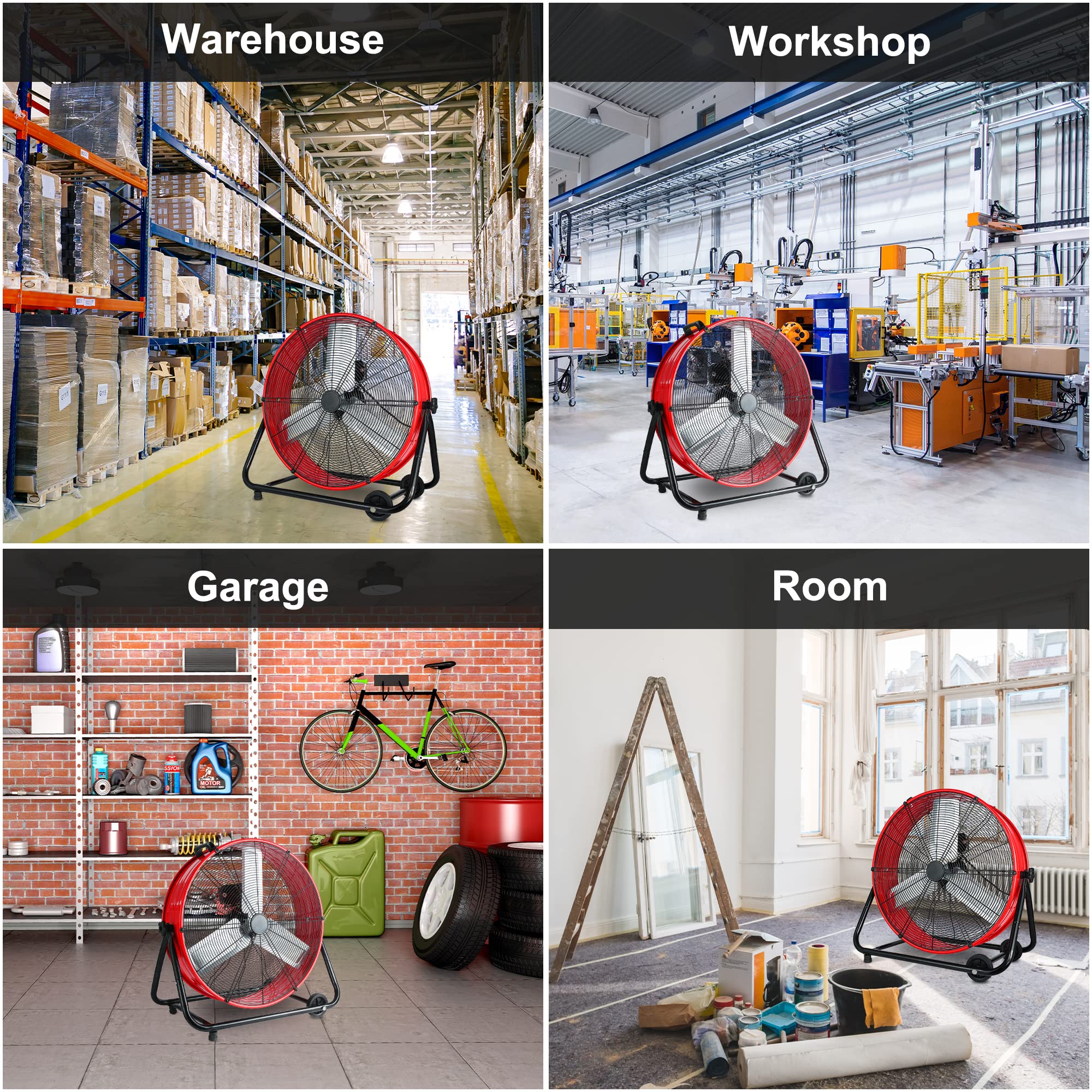 WARMLREC 24 Inch Heavy Duty Industrial Drum Fan - 3 Speed, 8800 CFM High Velocity Air Circulation Fan for Warehouse, Workshop, Factory, Commercial & Residential Use | Perfect for Cooling Large Spaces, Ventilation, and Greenhouse Applications (Red)
