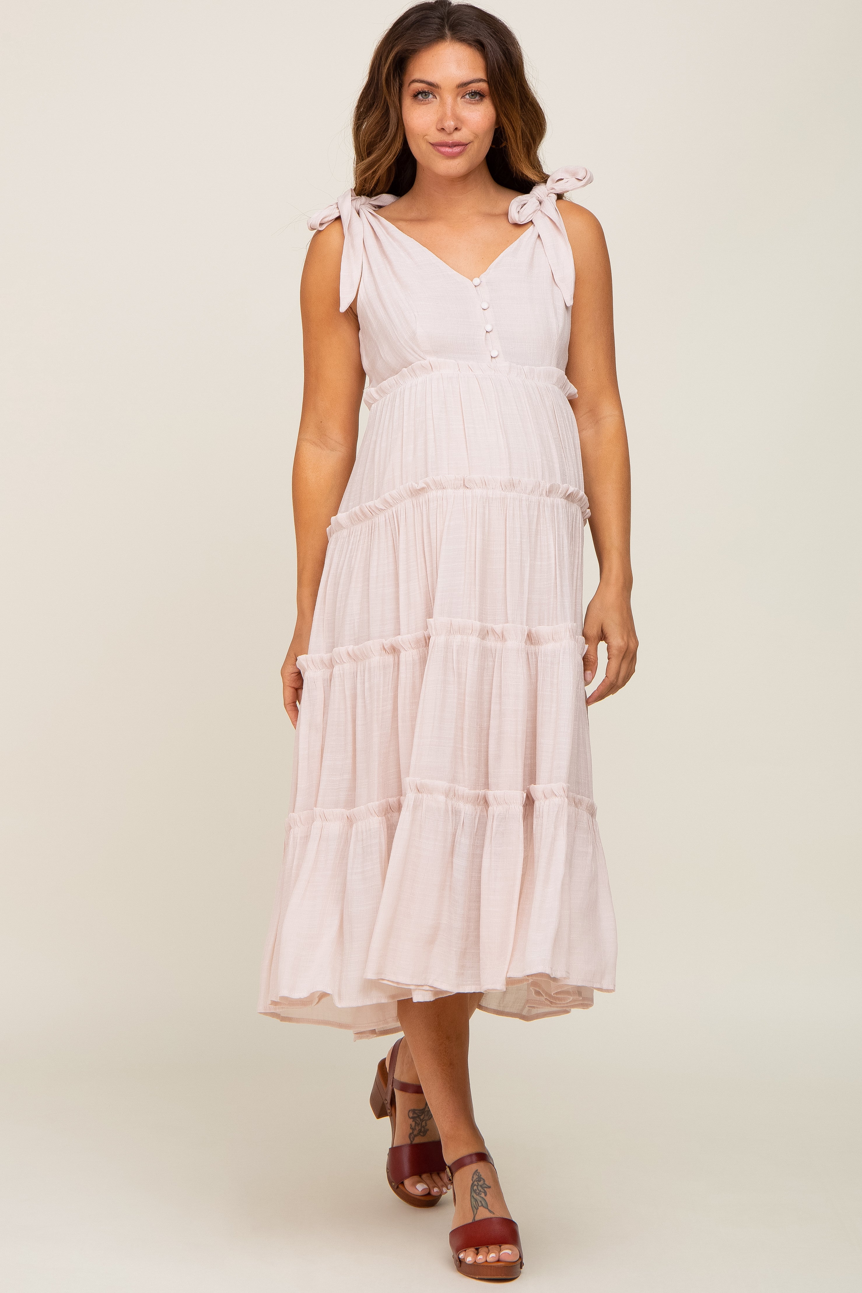 Beige Linen Maternity Dress with Button Front, Shoulder Tie & Tiered Skirt - Comfortable Mid-Length Pregnancy Dress for Baby Shower, Maternity Photo Shoot & Summer Outings