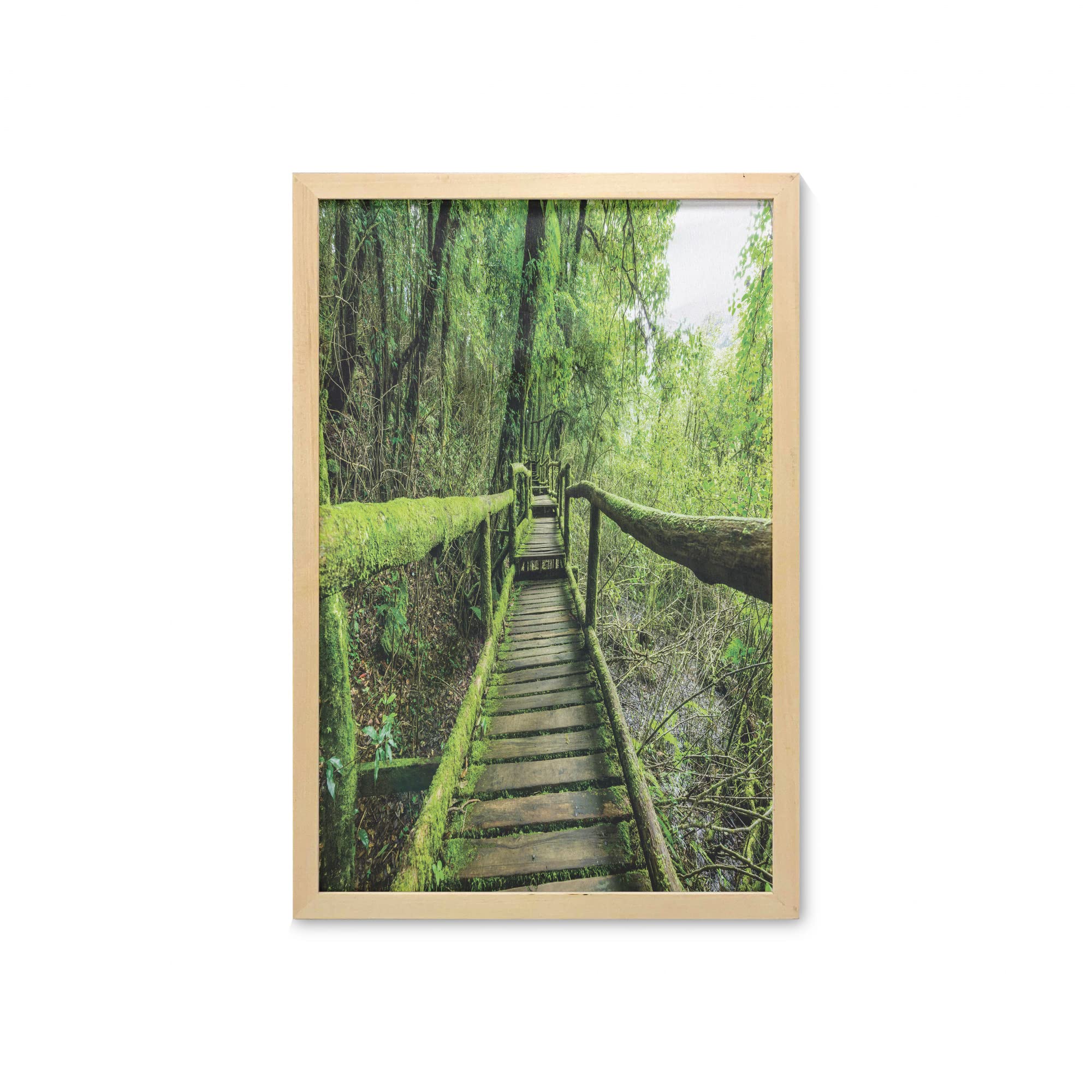 Ambesonne Framed Rainforest Wall Art Print - Thailand Inthanon Mountain Scenic Landscape, Romantic Honeymoon Decor, Green & Brown Fabric Poster 23x35 Inches - Perfect for Bathroom, Living Room, Bedroom or Dorm Wall Decor