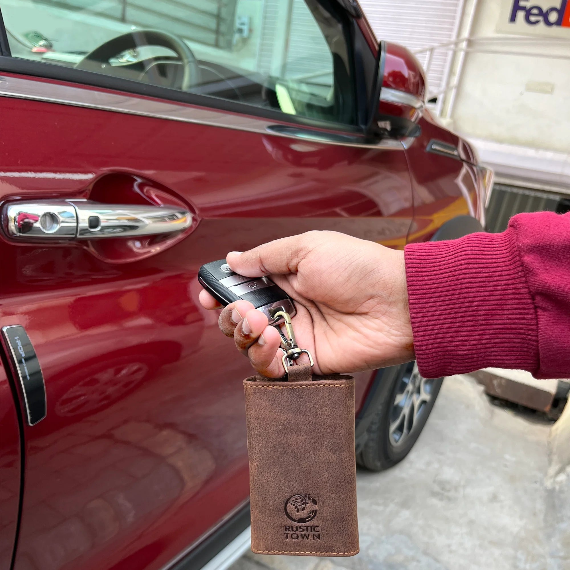 Genuine Leather Key Holder - Smart Fob Car Key Loop with Slim Keychain for Men & Women (Dark Brown) - Perfect for Organizing Keys, Car Fobs & Daily Essentials