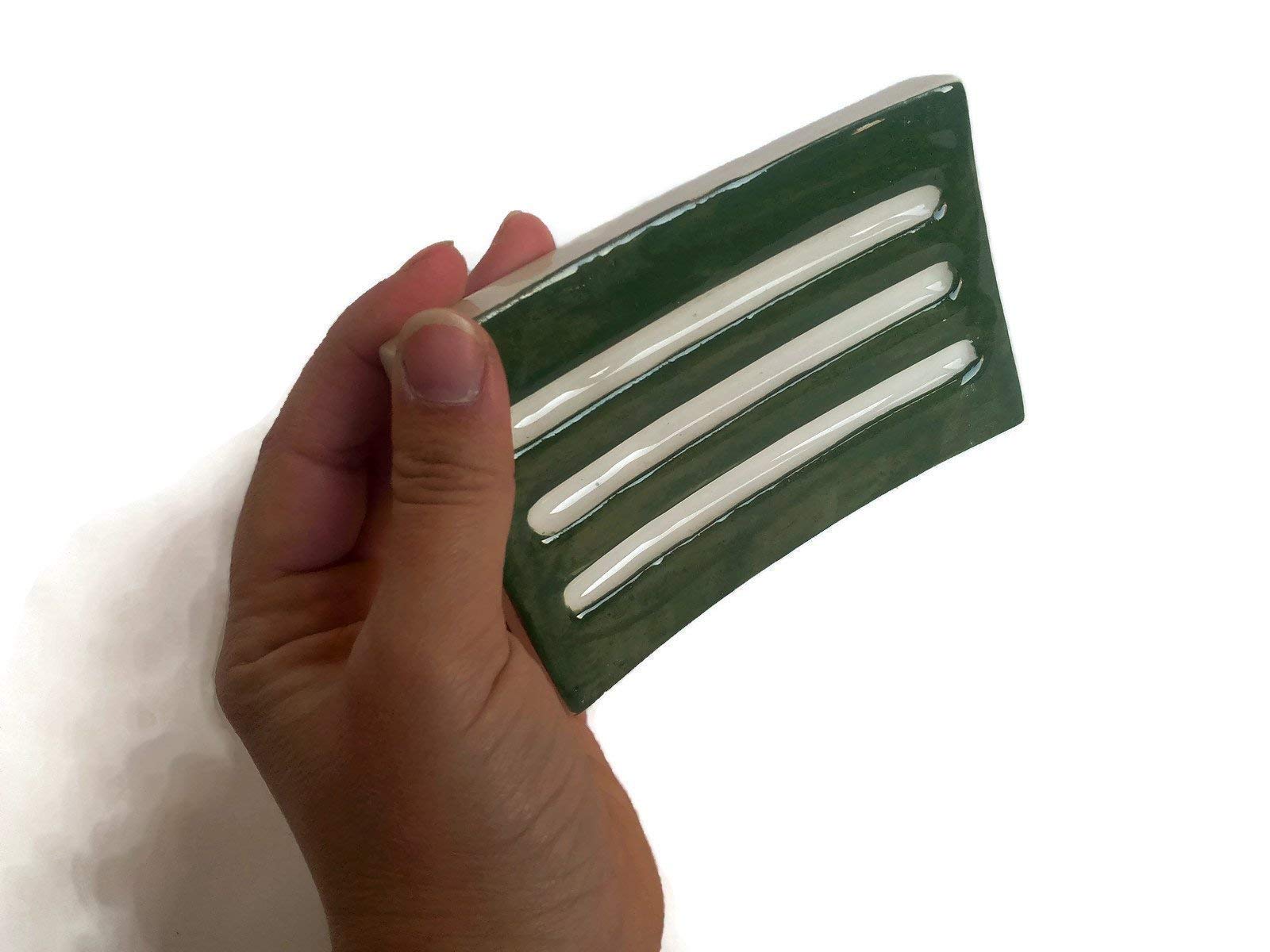 Olive Green Handmade Ceramic Soap Dish for Bar Soap - Rectangle Sponge Holder | Bathroom & Kitchen Organizer, Spa & Shower Accessory