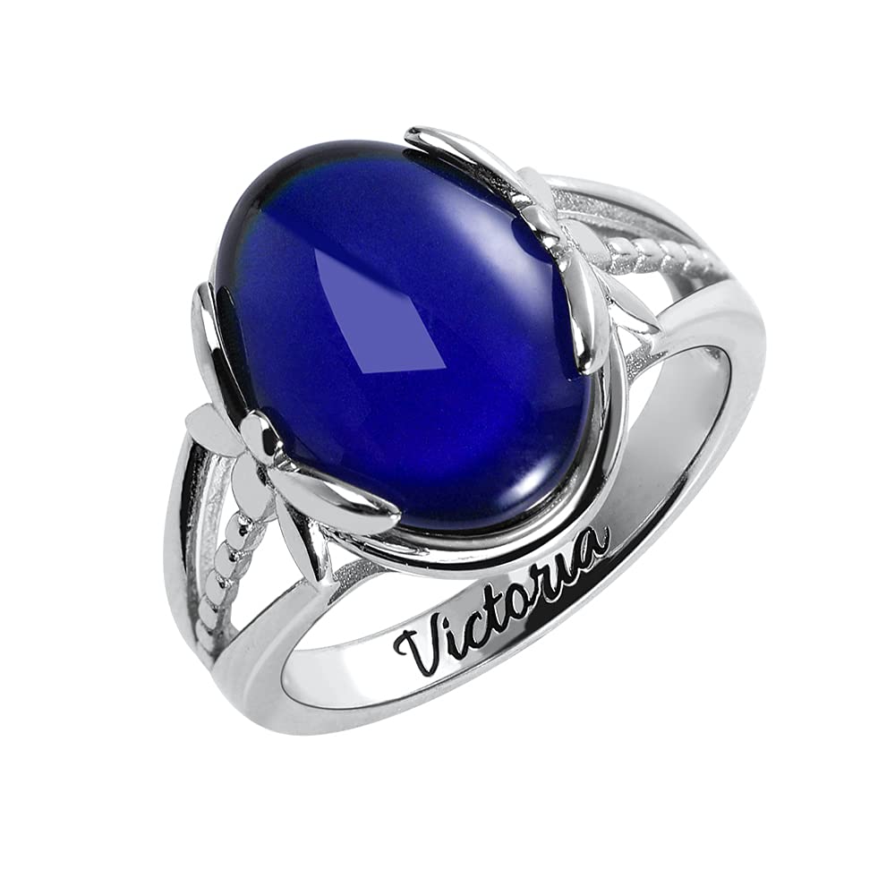 Vintage Color Changing Dragonfly Mood Ring - 925 Sterling Silver with Personalized Engraving, Oval Shape for Women - Perfect Mother's Day, Birthday Gift for Girlfriend, Grandma & Mom | Great for Everyday Wear, Special Occasions & Sentimental Keepsakes