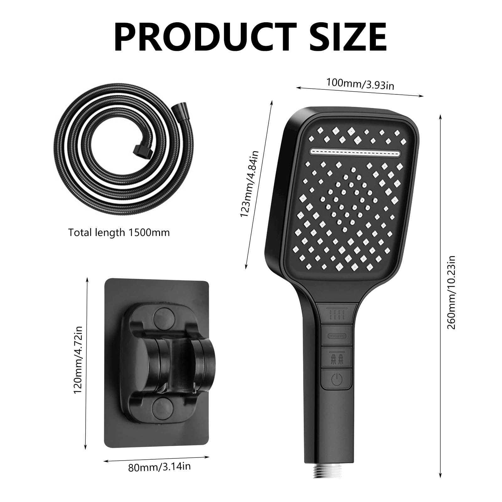 VicBou High Pressure Shower Head with 7 Spray Modes - 1.5m Hose, Water Saving Design & Stop Button - Square Chrome Shower Head in Black - Perfect for Bathroom, Spa-Like Shower Experience & Water Conservation