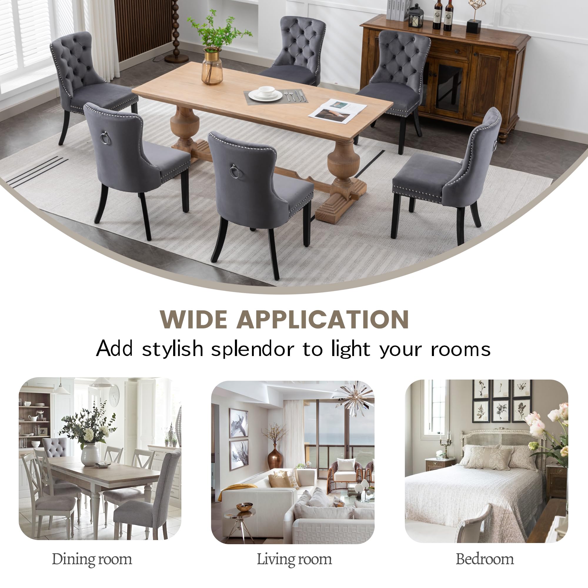 Luxury Velvet Dining Chairs Set of 6 - Modern Upholstered Tufted Kitchen Chairs with Nailhead Trim & Solid Wood Legs, Nikki Collection (Grey) - Perfect for Dining Room, Kitchen, Restaurant or Home Decor