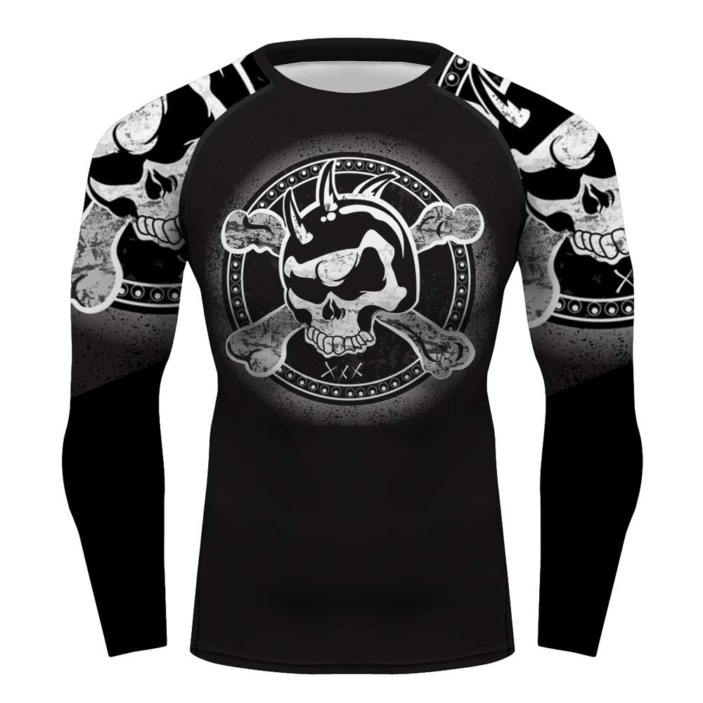 CHOO Men's Skull Crossbones Jiu Jitsu No Gi Undershirt & Base Layer Pants Set - MMA, BJJ Training & Grappling Workout Gear for Martial Arts (Small)