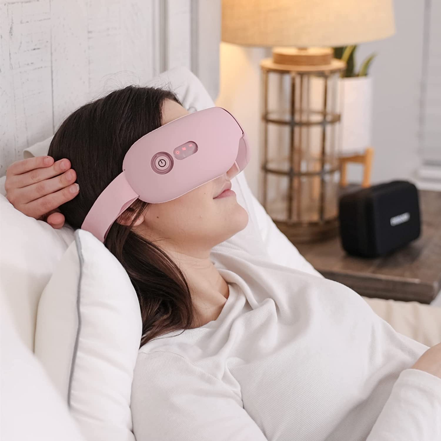 Heated Eye Massager for Migraines & Eye Strain Relief - Rechargeable Pink Eye Mask with Warm Compression for Dark Circles & Dry Eyes - Perfect for Office, Travel & Home Relaxation