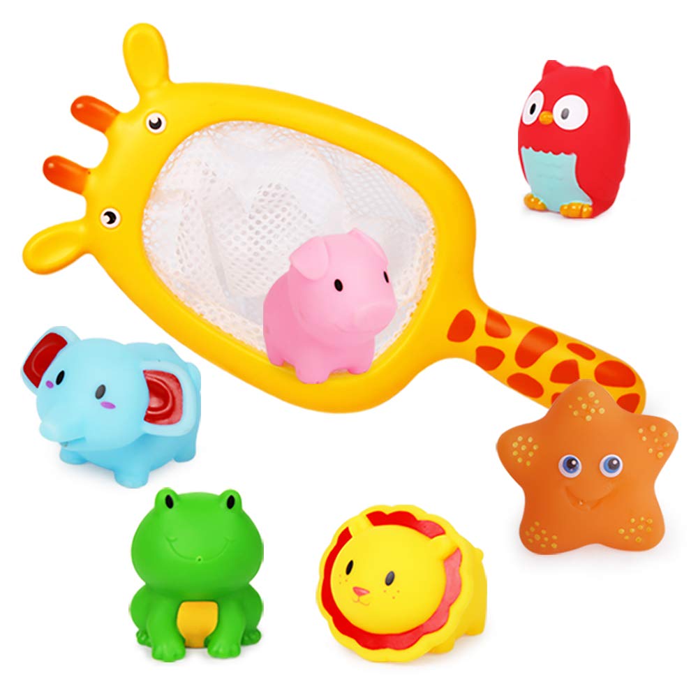 JONZOO Baby Bath Toys - 6 Pack Floating Water Spray Cartoon Animal Squirt Toys with Fishing Net for Toddlers | Fun Bathtime Learning & Sensory Play