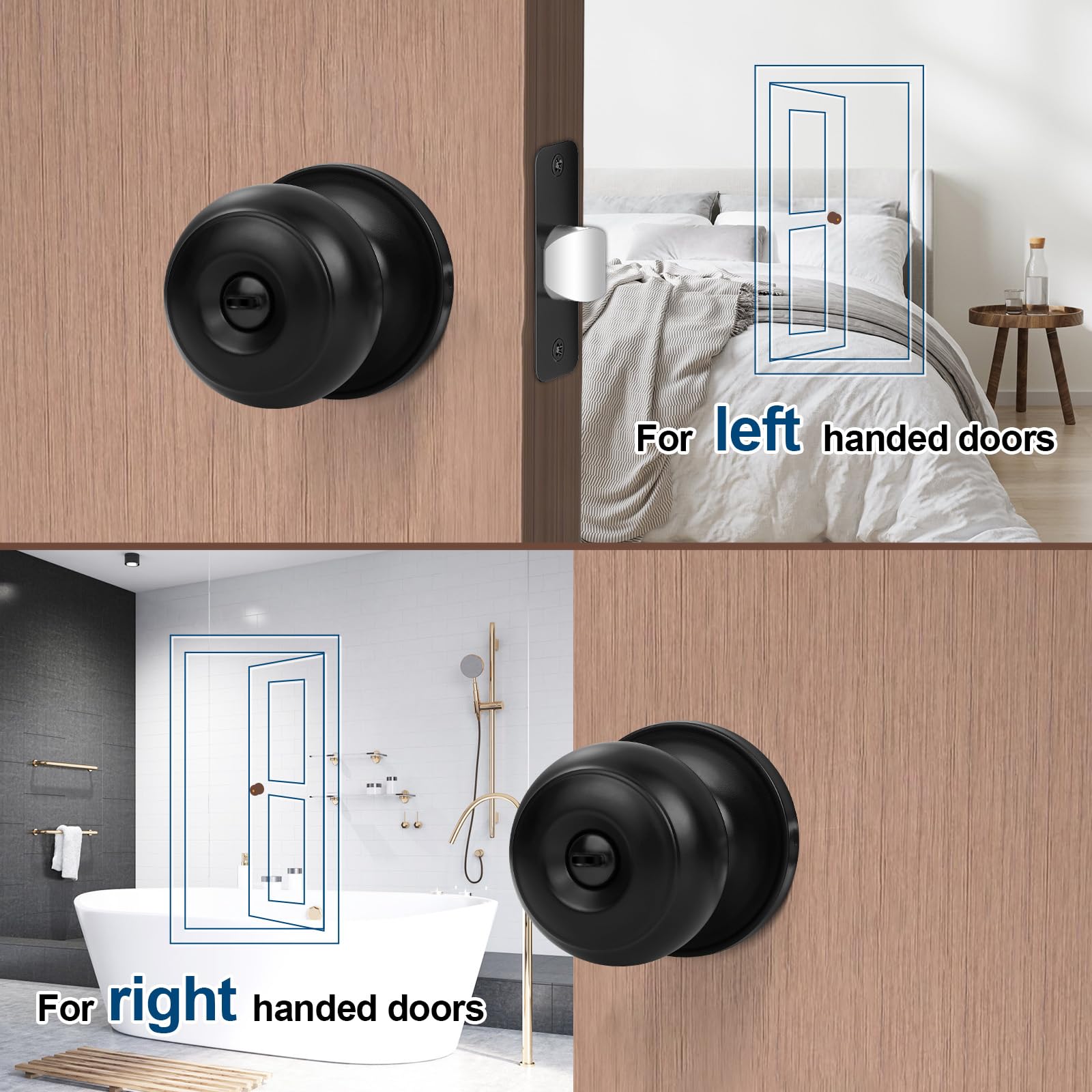 5 Pack Black Privacy Door Knobs - Keyless Interior Door Handles for Bedroom & Bathroom - Easy Install for Left/Right Doors