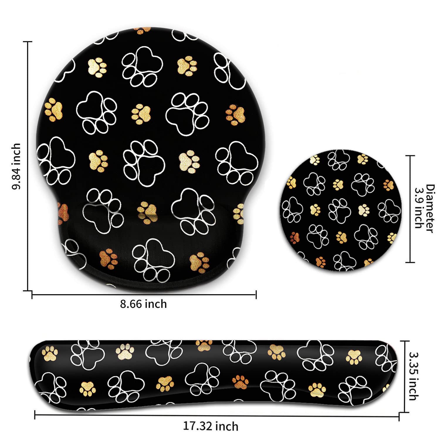 Ergonomic Keyboard Wrist Rest & Mouse Pad Set with Memory Foam & Gel Support - Cute Dog Paw Prints in Gold & White for Pain Relief & Comfort - Perfect for Office, Gaming & Long Computer Work Sessions