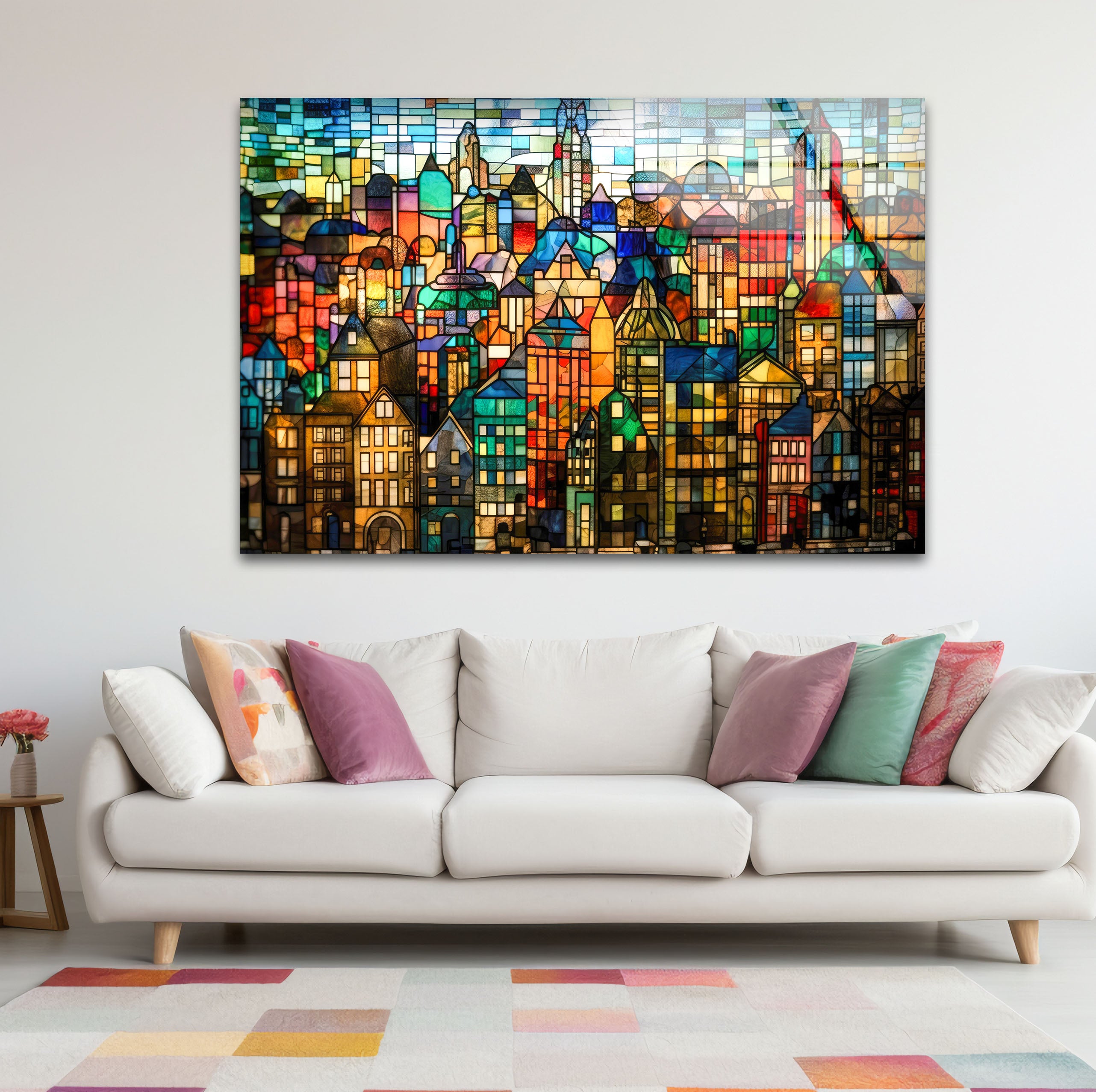 Vibrant Stained Glass City Skyline Wall Art - Modern Urban Landscape Glass Print for Home & Office Decor | Perfect for Living Room, Bedroom, or Office Wall Decor