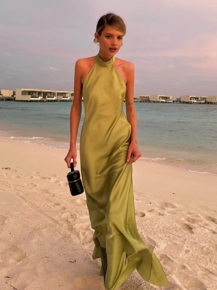 Elegant Green Satin Sleeveless Maxi Dress with Stand Neck & Lace Up Backless Design - Women's Summer Beach Vacation Dress 2025 | Perfect for Beach Parties, Weddings & Tropical Getaways