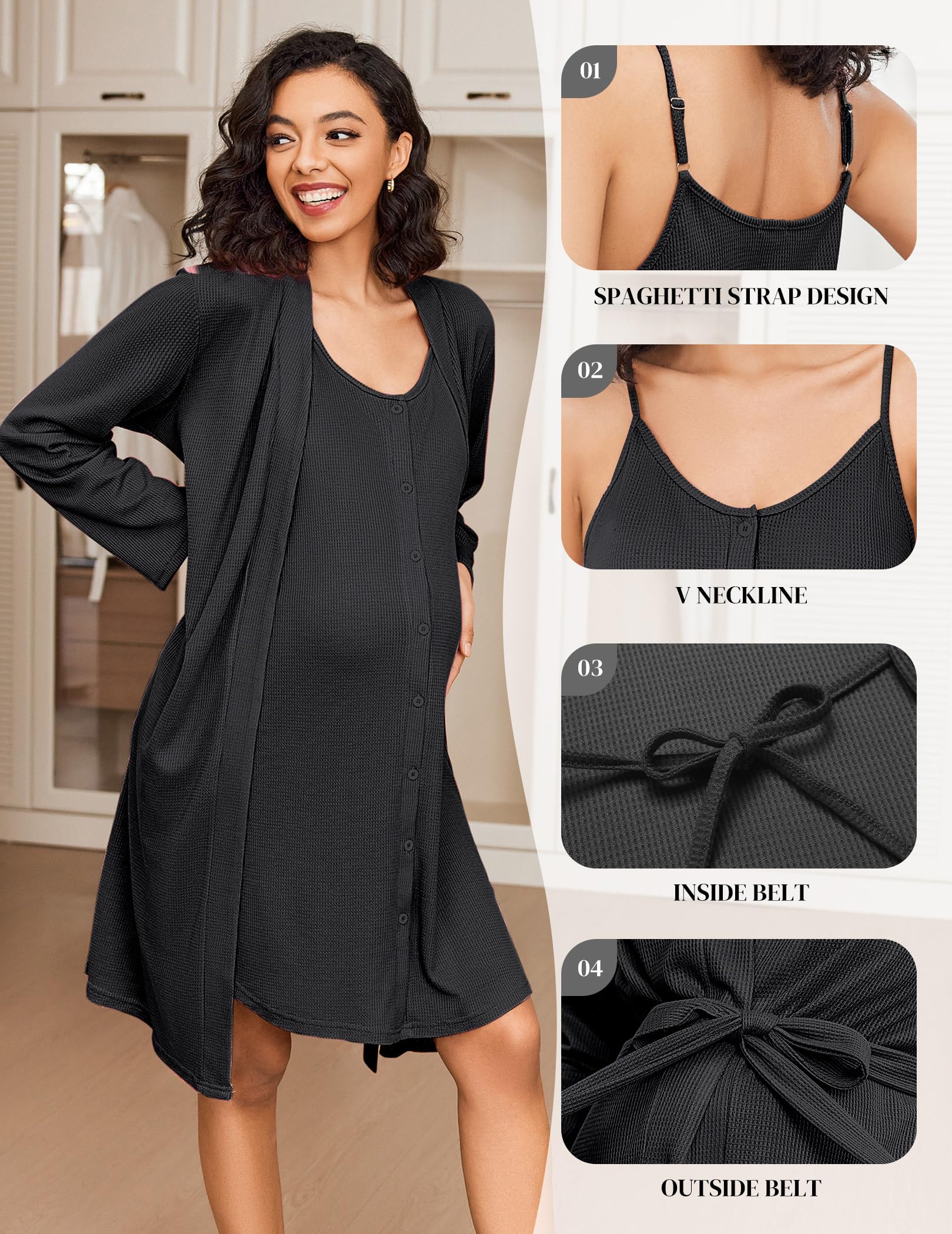 Ekouaer 2-Piece Maternity Nursing Gown & Robe Set - Soft Waffle Breastfeeding Nightgown for Labor, Delivery & Postpartum - 3-in-1 Hospital Gown for Comfortable Nursing & Recovery (Perfect for Hospital Stay, Home Use & Breastfeeding Comfort)