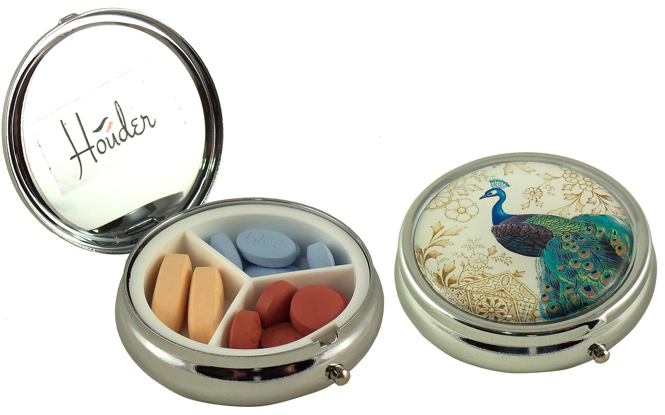 Houder Designer Pill Organizer - Stylish Decorative Pill Case with Gift Box - Peacock Pattern for Travel, Work & Daily Use - Perfect for Medication Storage & Organization