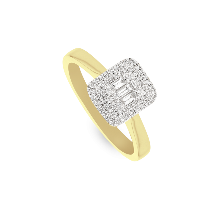 0.25ct Baguette & Round Cut Diamond Halo Engagement Ring in 9K Gold - Perfect for Wedding, Proposal & Anniversary Gifts
