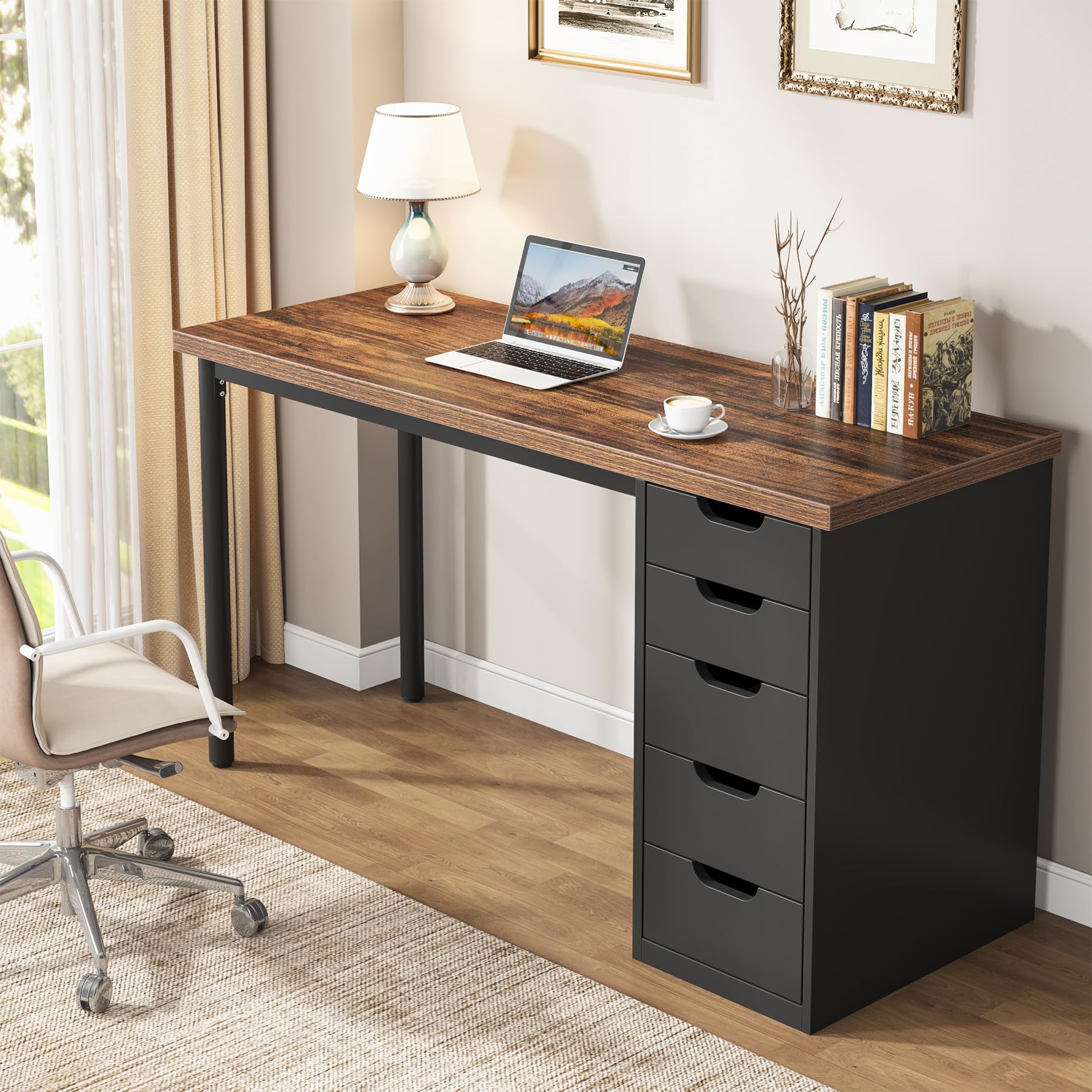 Tribesigns 47-inch Rustic Brown Computer Desk with 5 Drawers - Modern Home Office Desk with Storage, Space-Saving Laptop Study Writing Table for Small Spaces (Brown+Black) - Perfect for Home Office, Dorm Room & Small Apartments