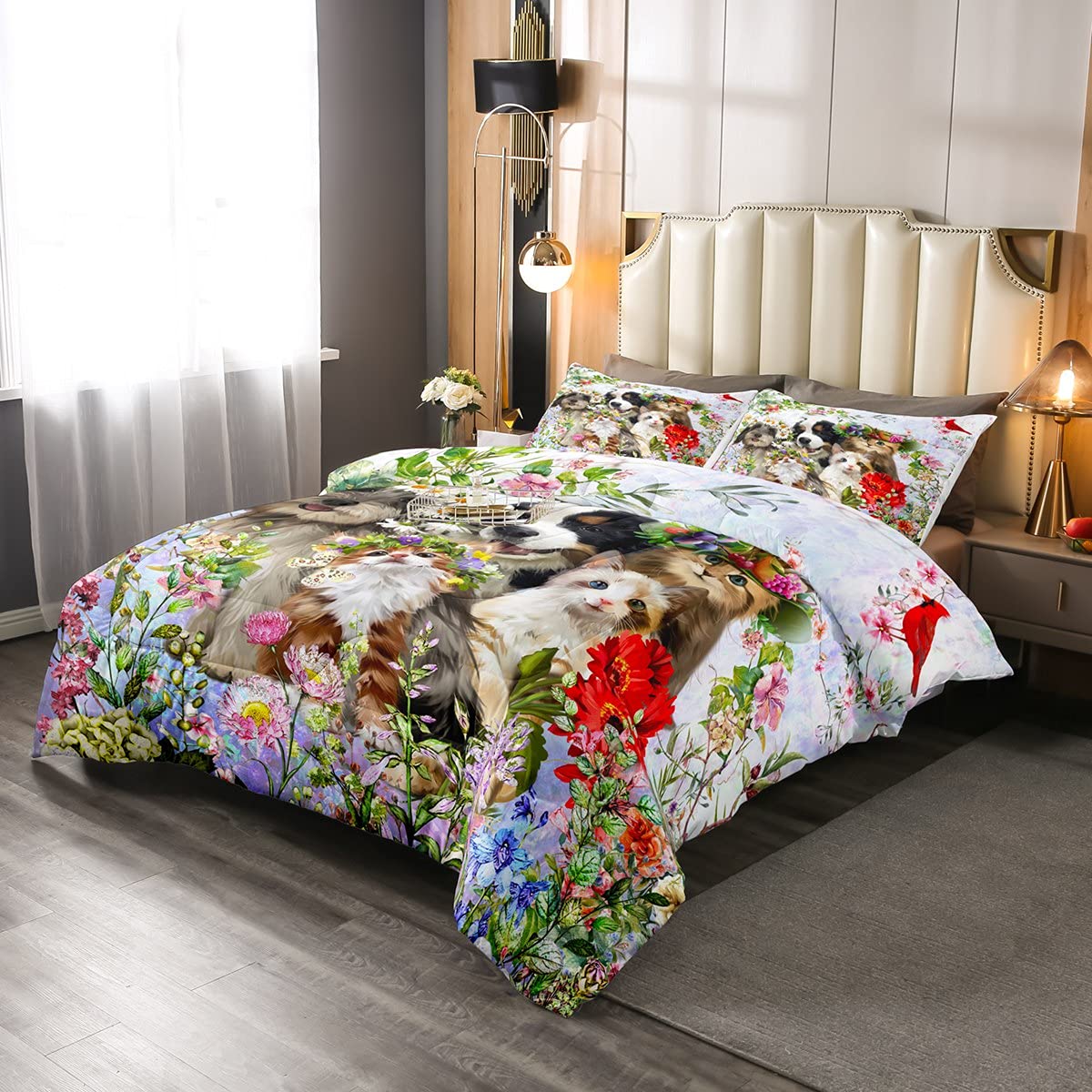 Jejeloiu 2-Piece Botanical Comforter Set - Twin Size Dog & Cat Bedding with Floral Print, Colorful Flowers Farmhouse Duvet Quilt Set + 1 Pillowcase - Perfect for Pet Beds, Cozy Farmhouse Decor & Guest Room Styling