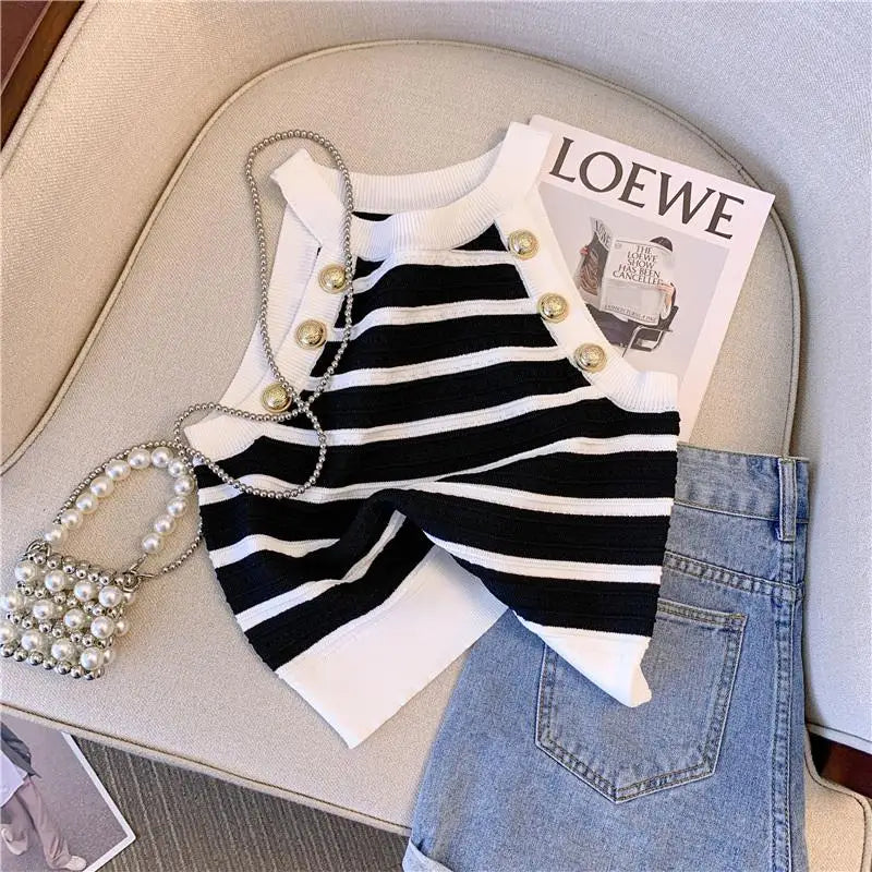 Women's Halter Slim Striped Knit Vest - Sexy Elegant Sleeveless Crop Top with Gold Buttons | Summer Streetwear Fashion | Perfect for Beach, Party & Casual Outfits