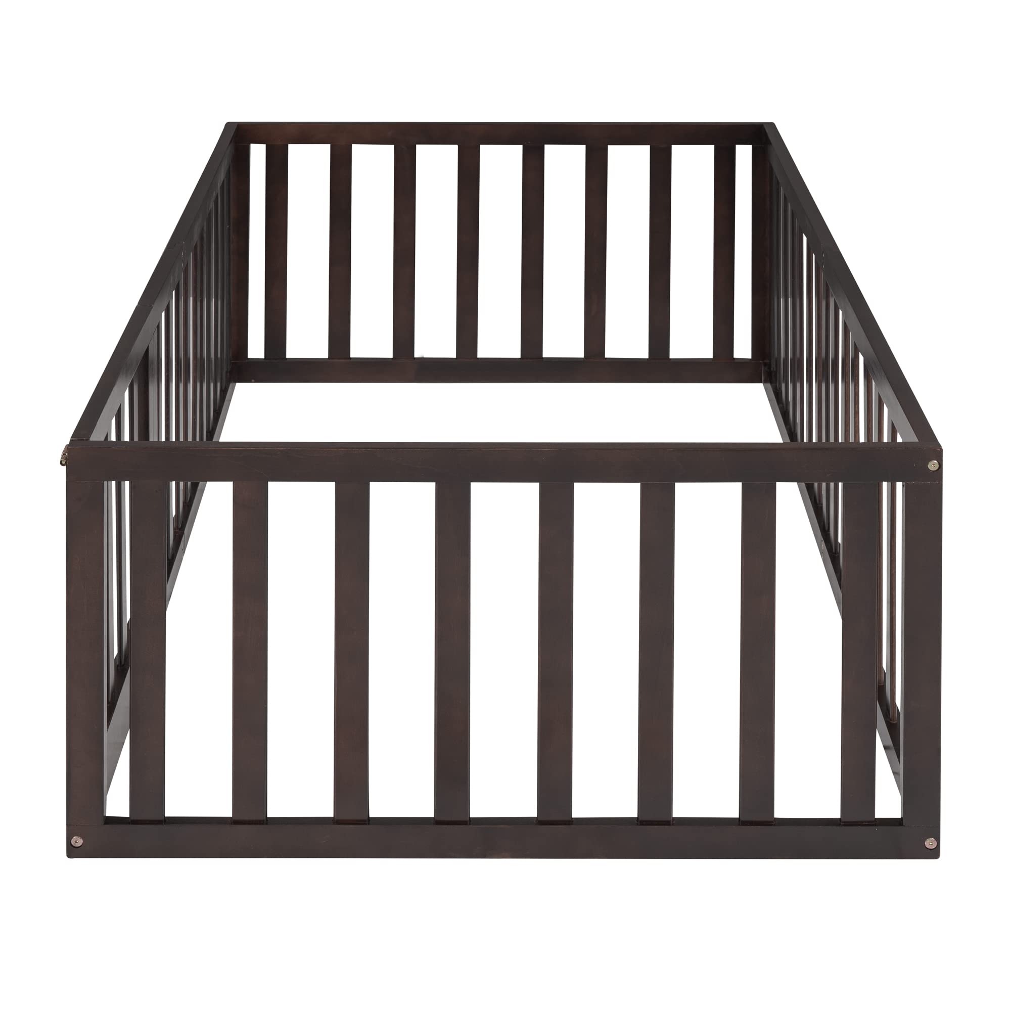 **MERITLINE Twin Size Wooden Bed Frame with Safety Fence for Kids Over 6 Years | Montessori Floor Bed with Door | Easy Assembly | No Box Spring Needed (Walnut) | Perfect for Kids' Bedroom, Playroom & Montessori Learning Spaces**