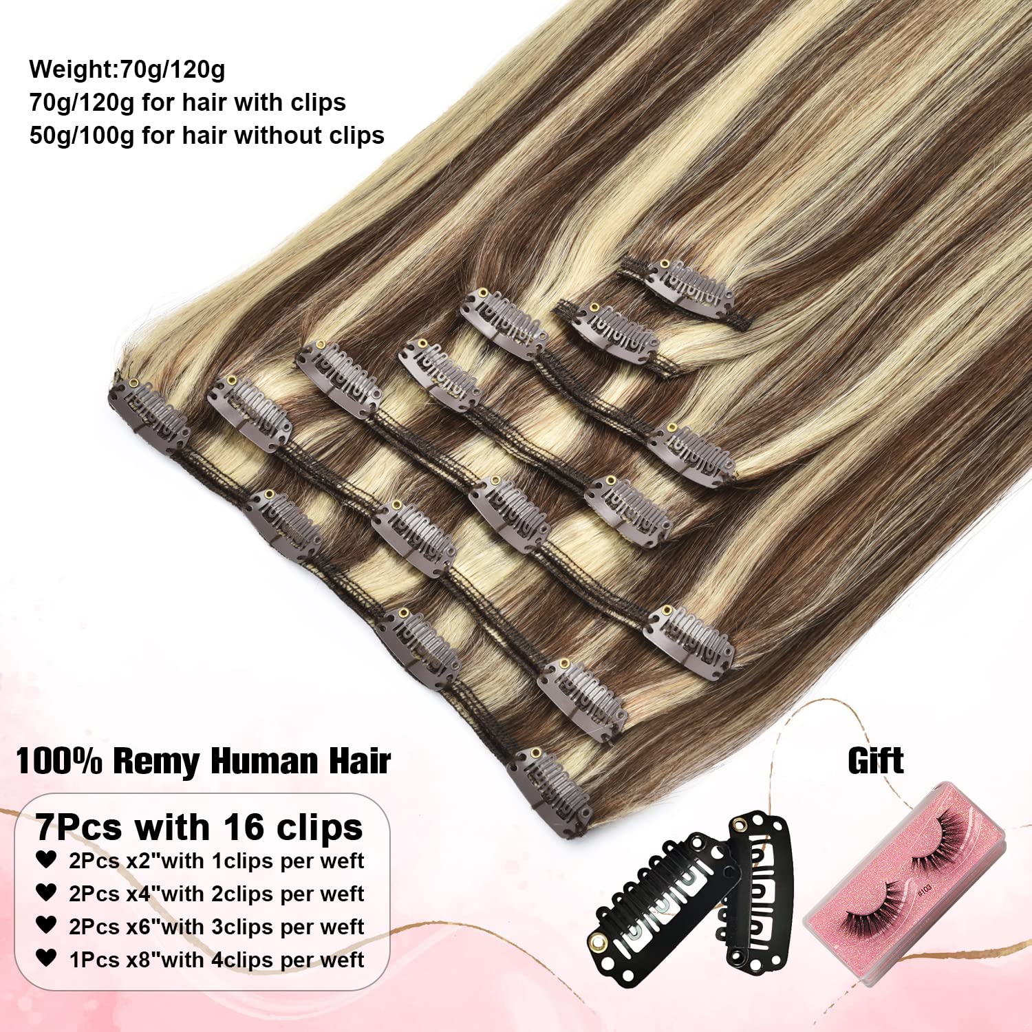 9A Brazilian Clip-in Human Hair Extensions 22 Inch 120g 7Pcs Straight Blonde Double Weft Real Hair - Perfect for Parties, Weddings & Daily Styling (#P4/613 Medium Brown with Blonde)
