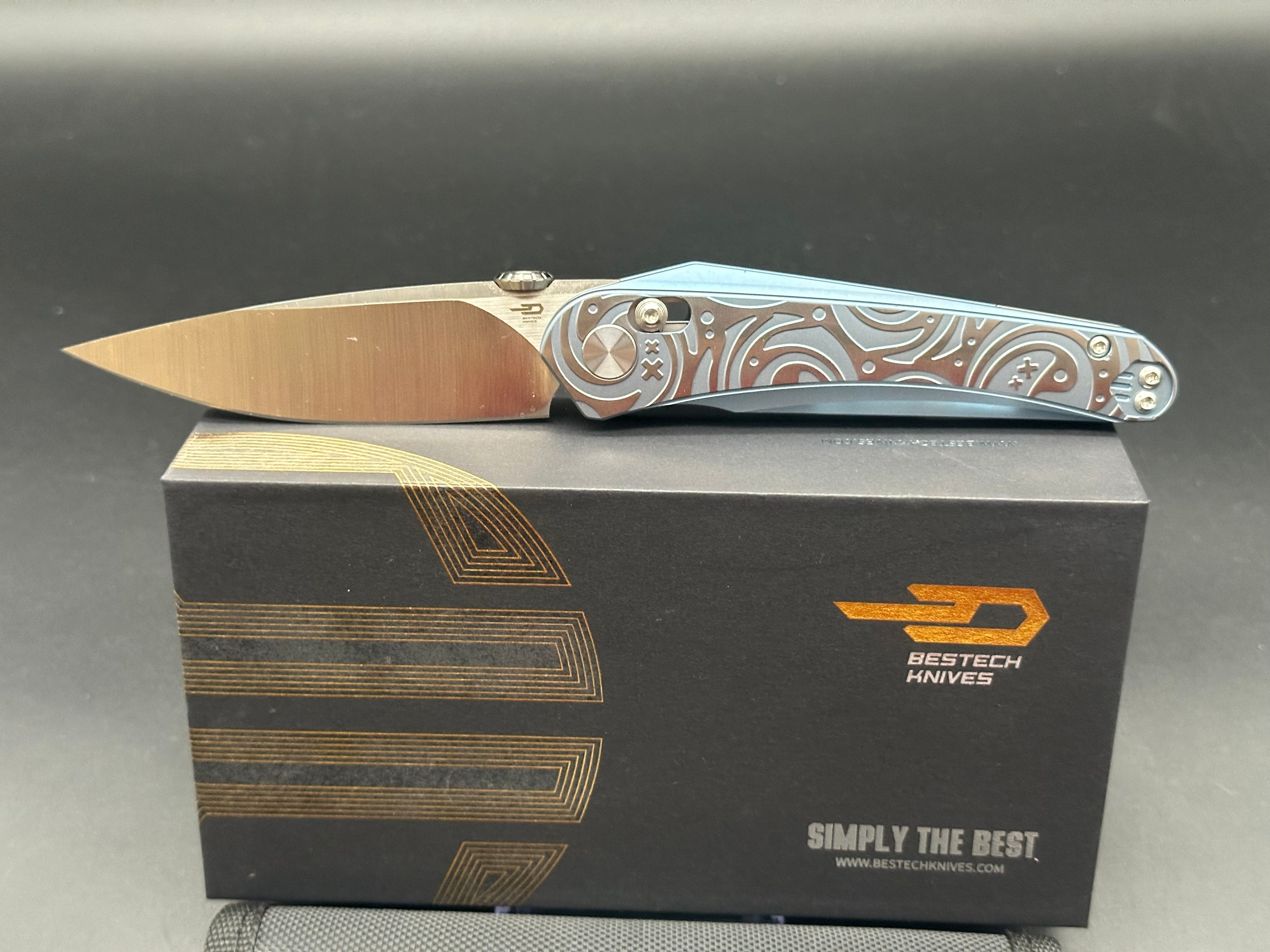 Bestech Mothus Folding Knife - Blue Titanium Handle, M390 Steel Plain Edge, Satin Finish BT2206A | EDC, Outdoor Camping, Hunting & Survival Gear