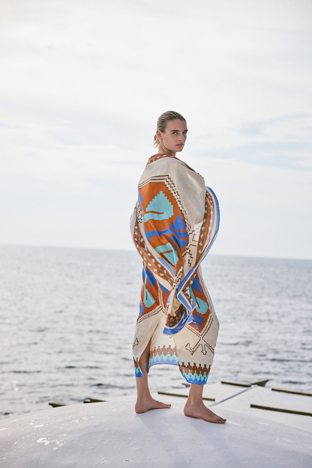 Ayahuasca Pareo - Ecru & Blue Beach Wrap - Perfect for Beach, Pool, and Summer Vacations
