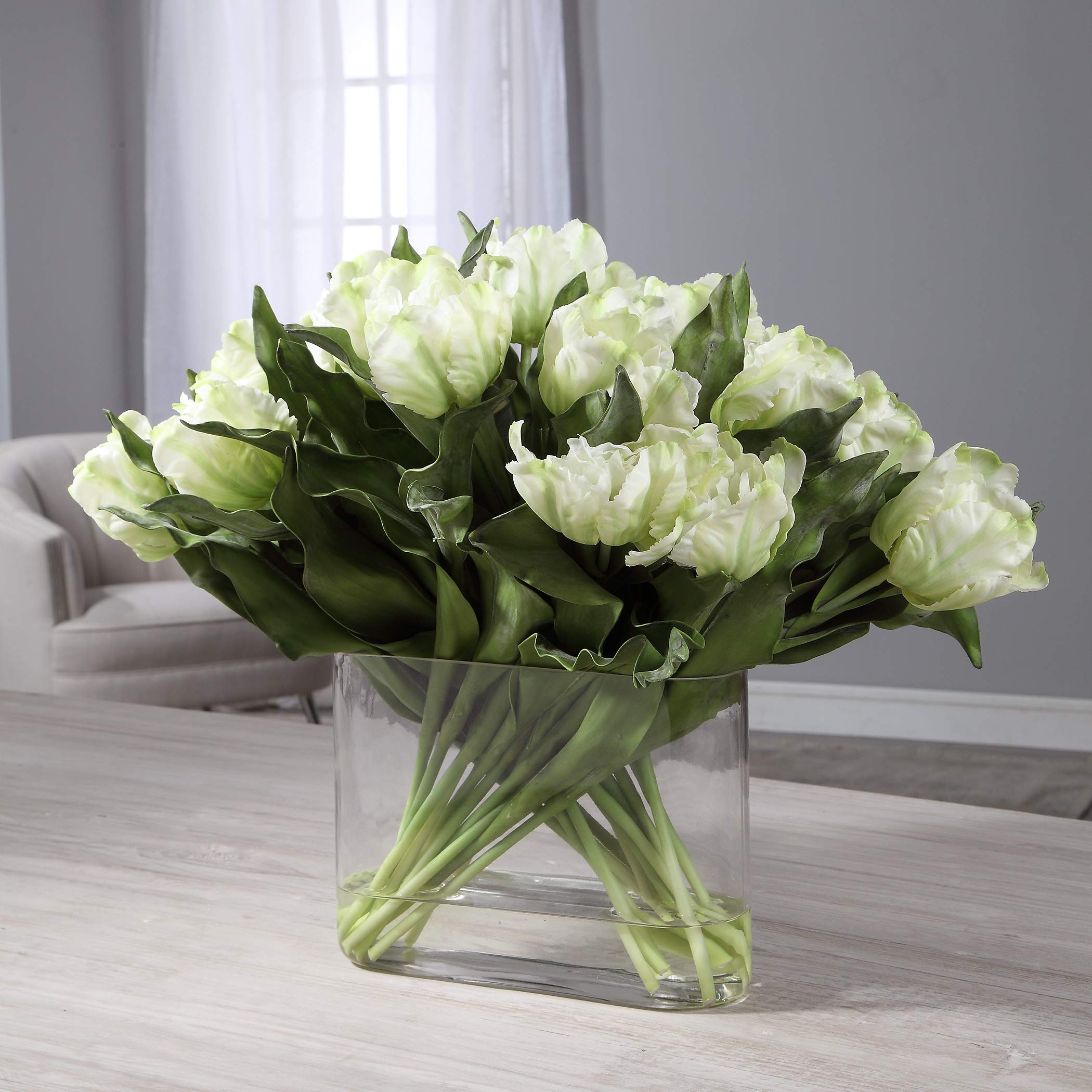 Elegant White Double Tulip Bouquet Vase - Oval Floral Centerpiece for Spring Weddings, Home Decor & Table Arrangements