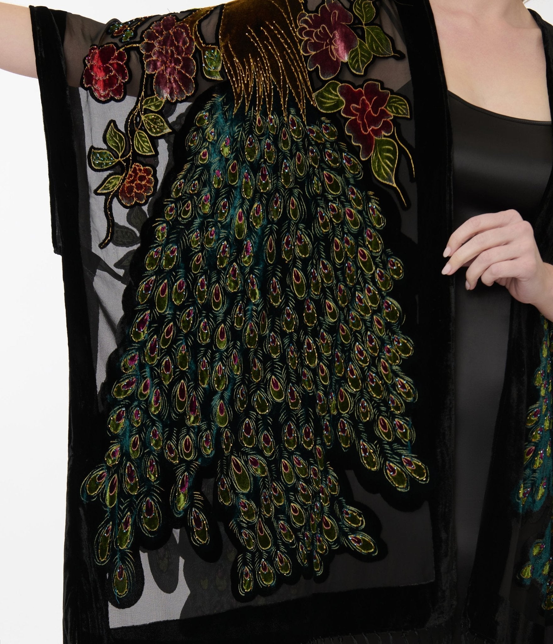 1920s Black Velvet Burnout Peacock Floral Fringe Scarf Coat - Vintage Flapper Shawl for Evening Parties, Costume Events & Gatsby-Themed Occasions