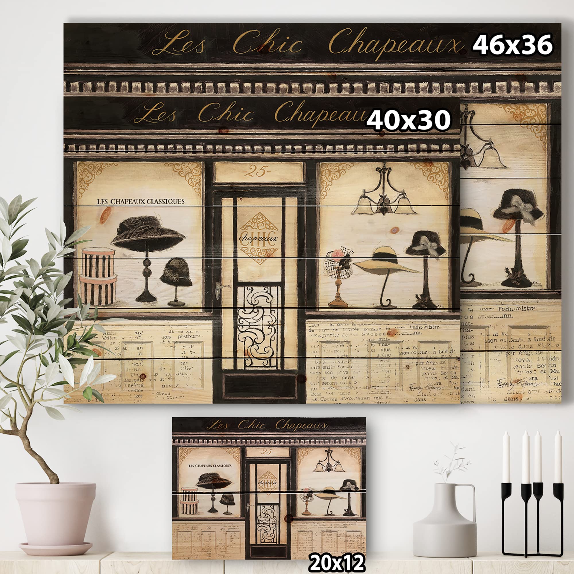 DesignQ Les Chic Chapeaux French Fashion Wood Wall Decor - Gold Traditional Wall Art Panel, Large Natural Pine Wood Printed Home Decor for Living Room, Bedroom & Office