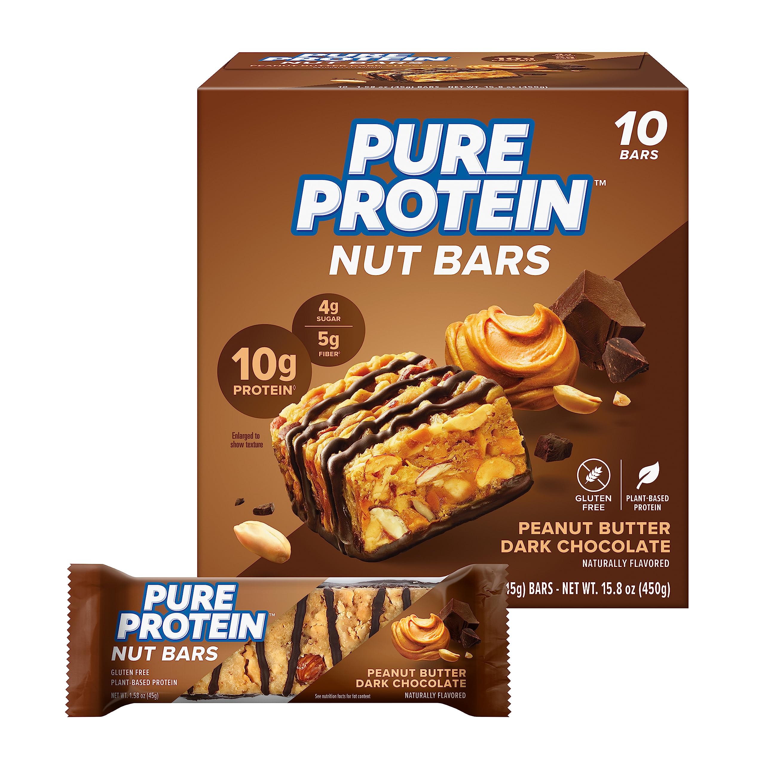 Pure Protein Nut Bars - Peanut Butter Dark Chocolate, 10g Protein, Gluten Free, Low Sugar, 1.65oz (10 Pack) | Healthy Snacks for Workout, Hiking & On-the-Go Energy Boost