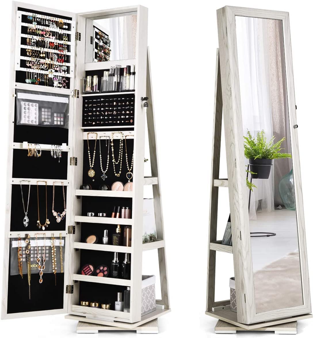 Byroce 360° Rotating Jewelry Organizer Stand - Full Length Mirror with Lockable Storage Cabinet, Built-in Makeup Mirror & 3-Tier Rear Shelves - White Jewelry Armoire for Bedroom, Dressing Room & Closet Organization